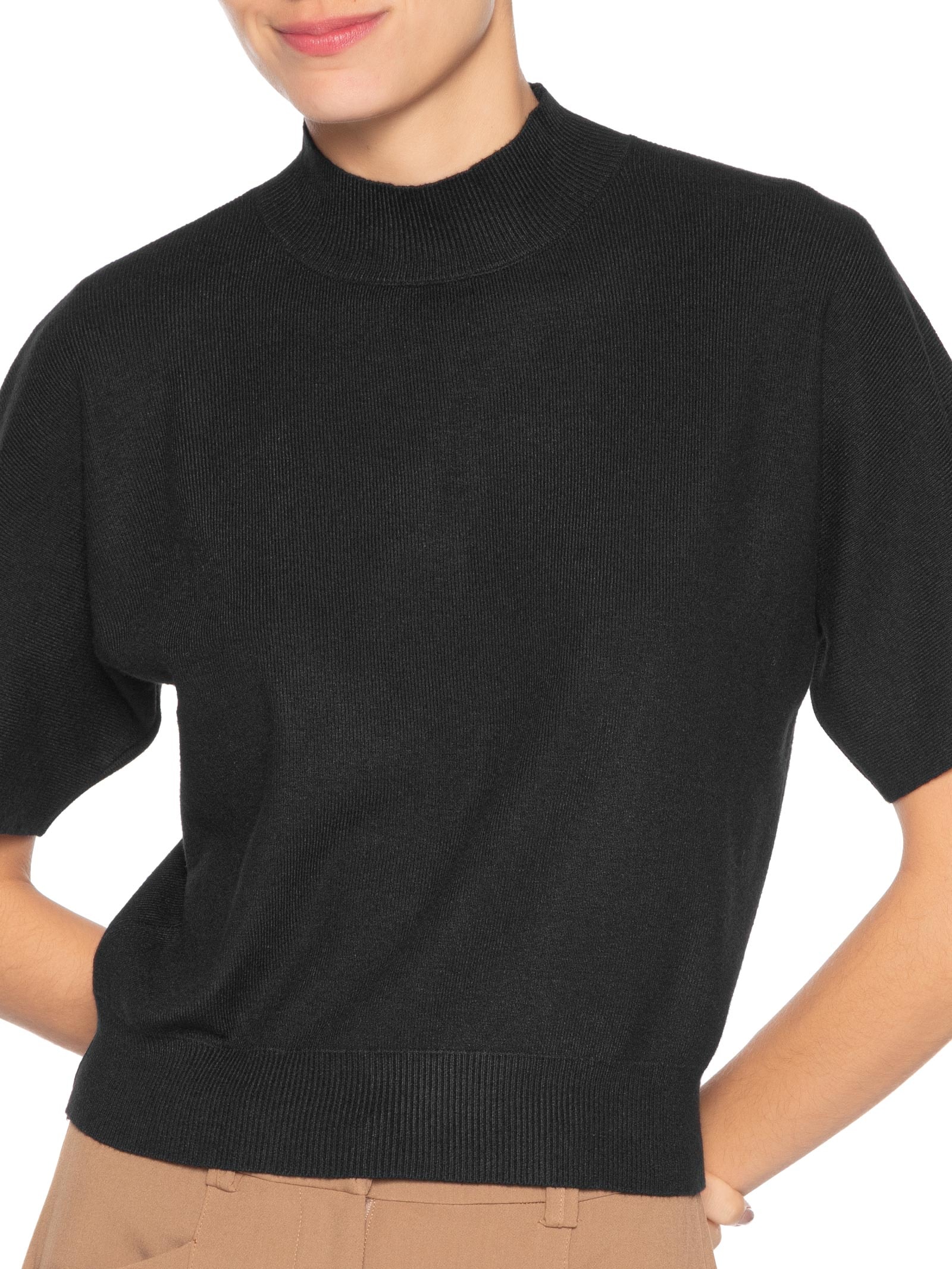 Blusa Feminina Manga Curta Em Tricot Preto '2Essential