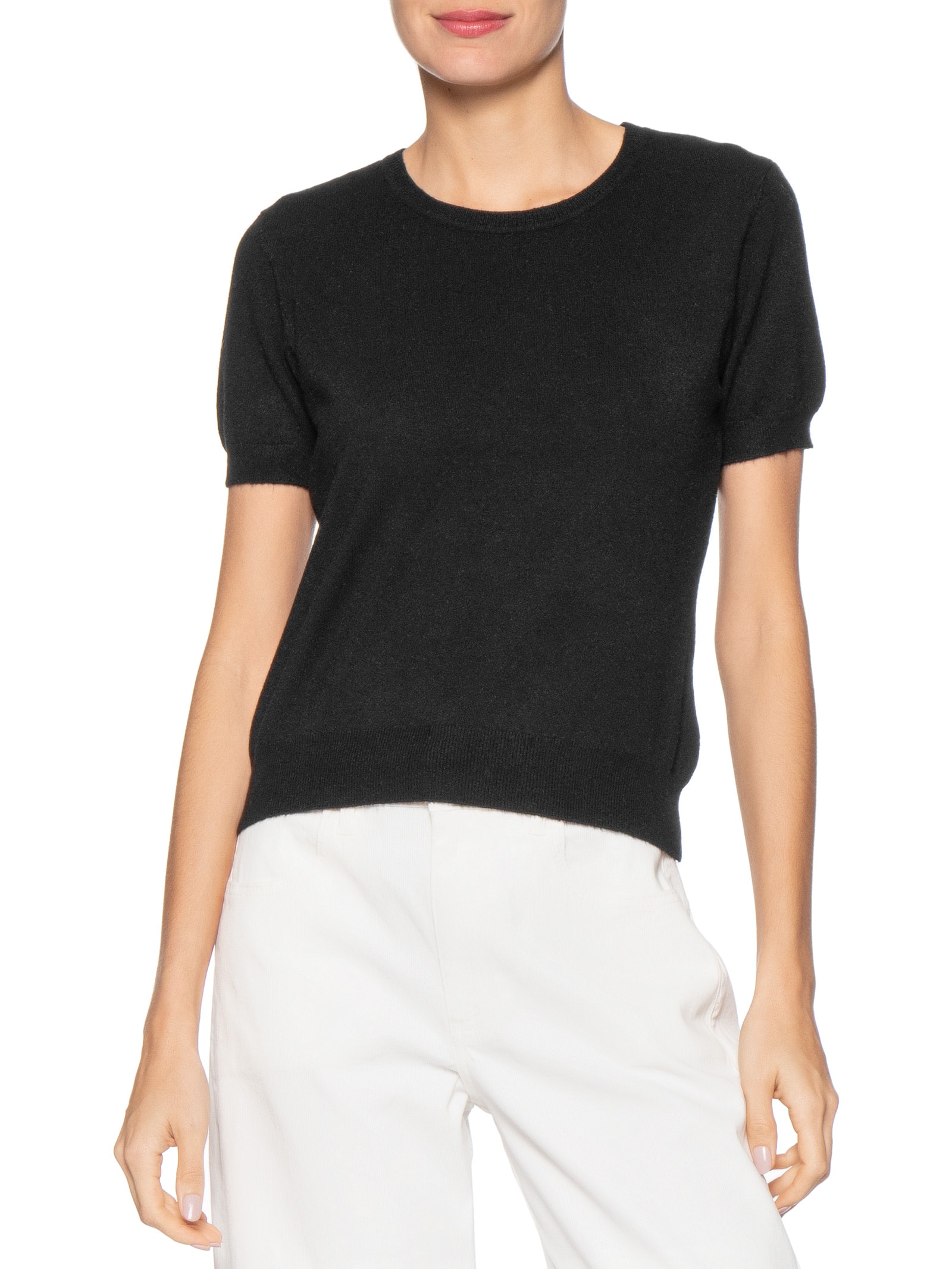 Blusa Feminina Manga Curta Em Tricot Preto Basiq