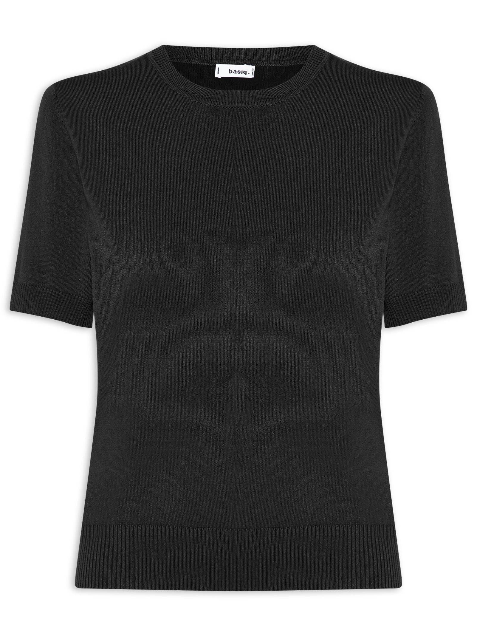 Blusa Feminina Manga Curta em Tricot Preto Basiq