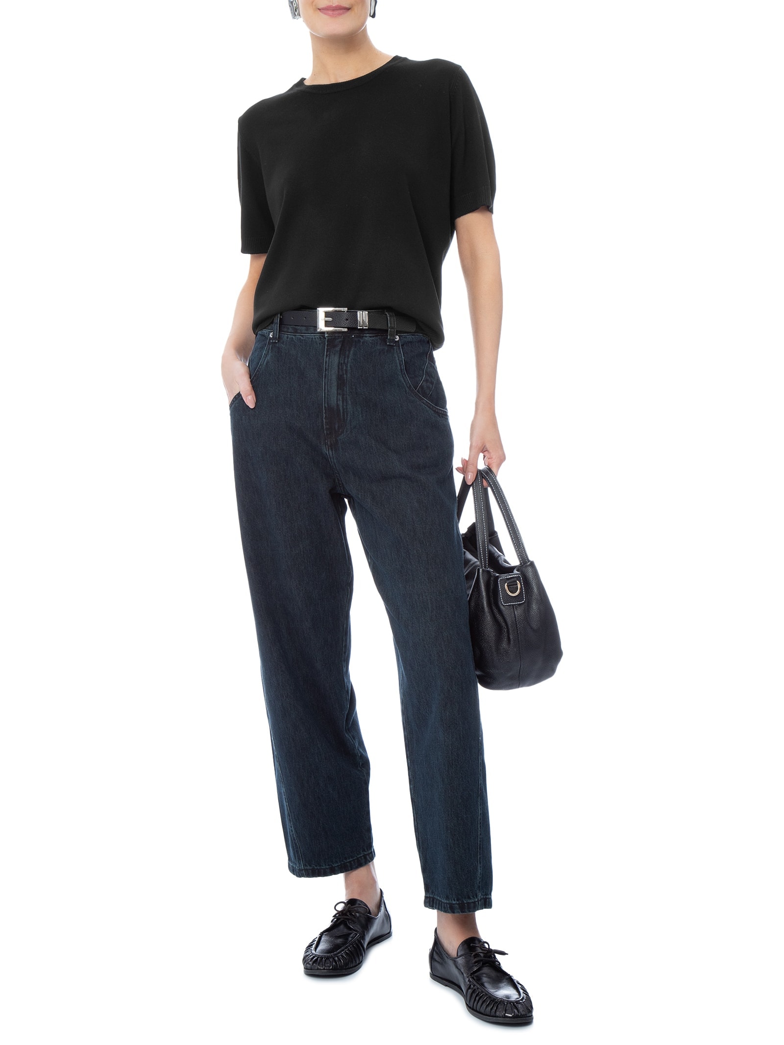 Blusa Feminina Manga Curta em Tricot Preto Basiq