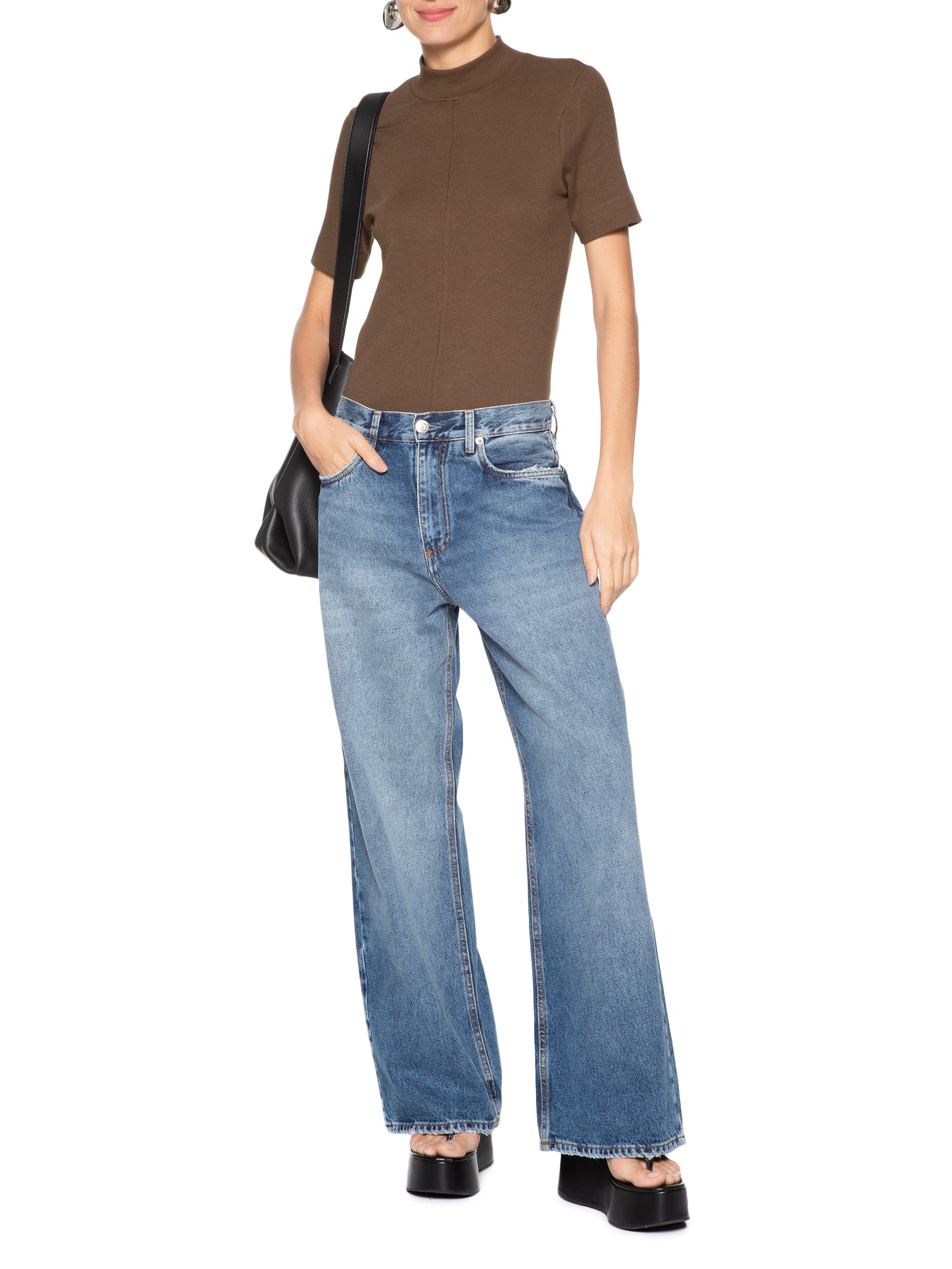 Blusa Feminina Manga Curta Gola Alta Ribana Marrom Animale Jeans