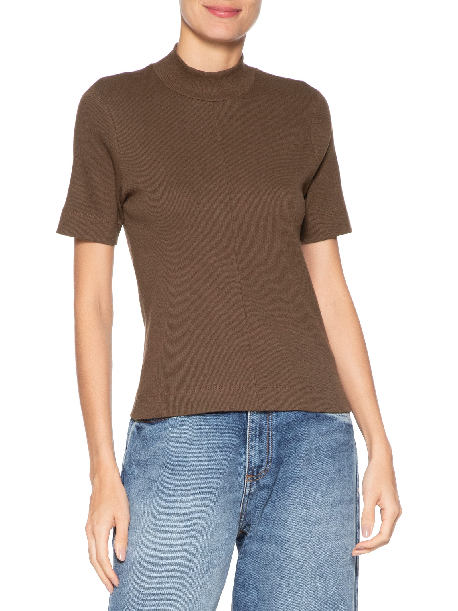 Blusa Feminina Manga Curta Gola Alta Ribana Marrom Animale Jeans