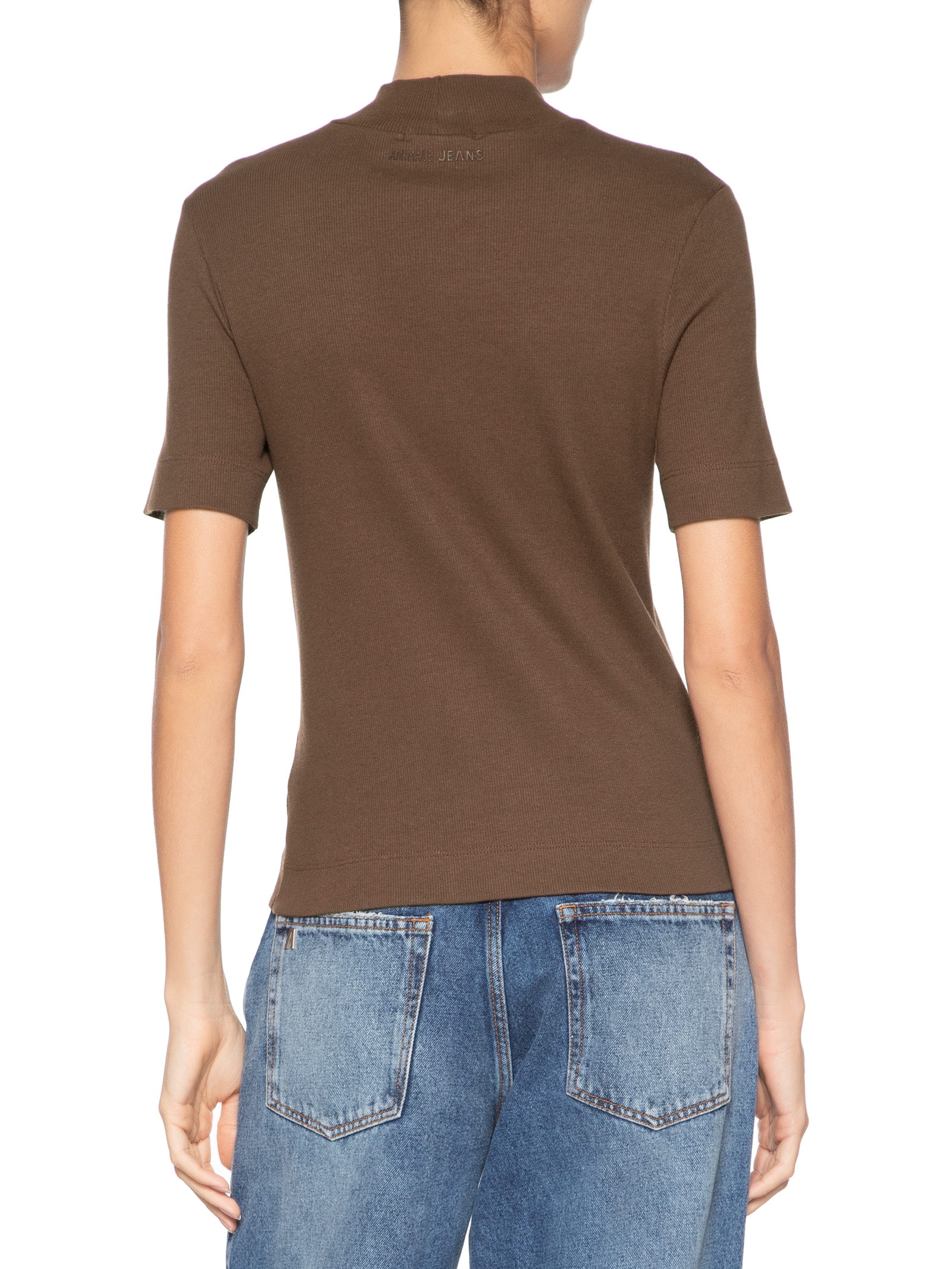 Blusa Feminina Manga Curta Gola Alta Ribana Marrom Animale Jeans