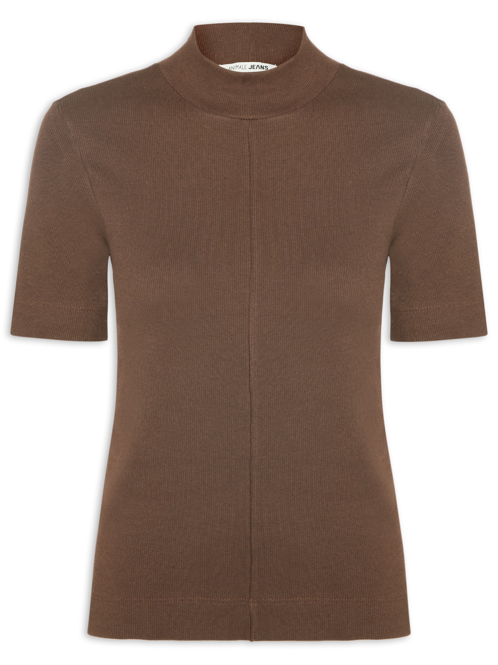 Blusa Feminina Manga Curta Gola Alta Ribana Marrom Animale Jeans