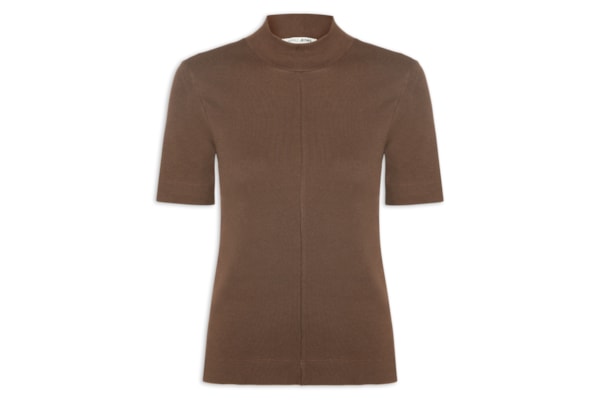 Blusa Feminina Manga Curta Gola Alta Ribana - Marrom