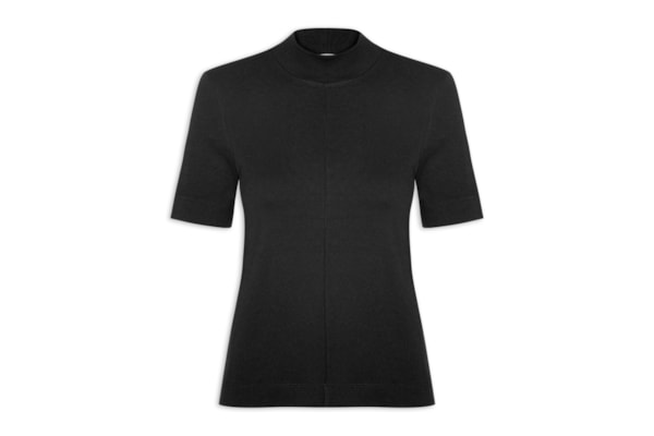 Blusa Feminina Manga Curta Gola Alta Ribana - Preto