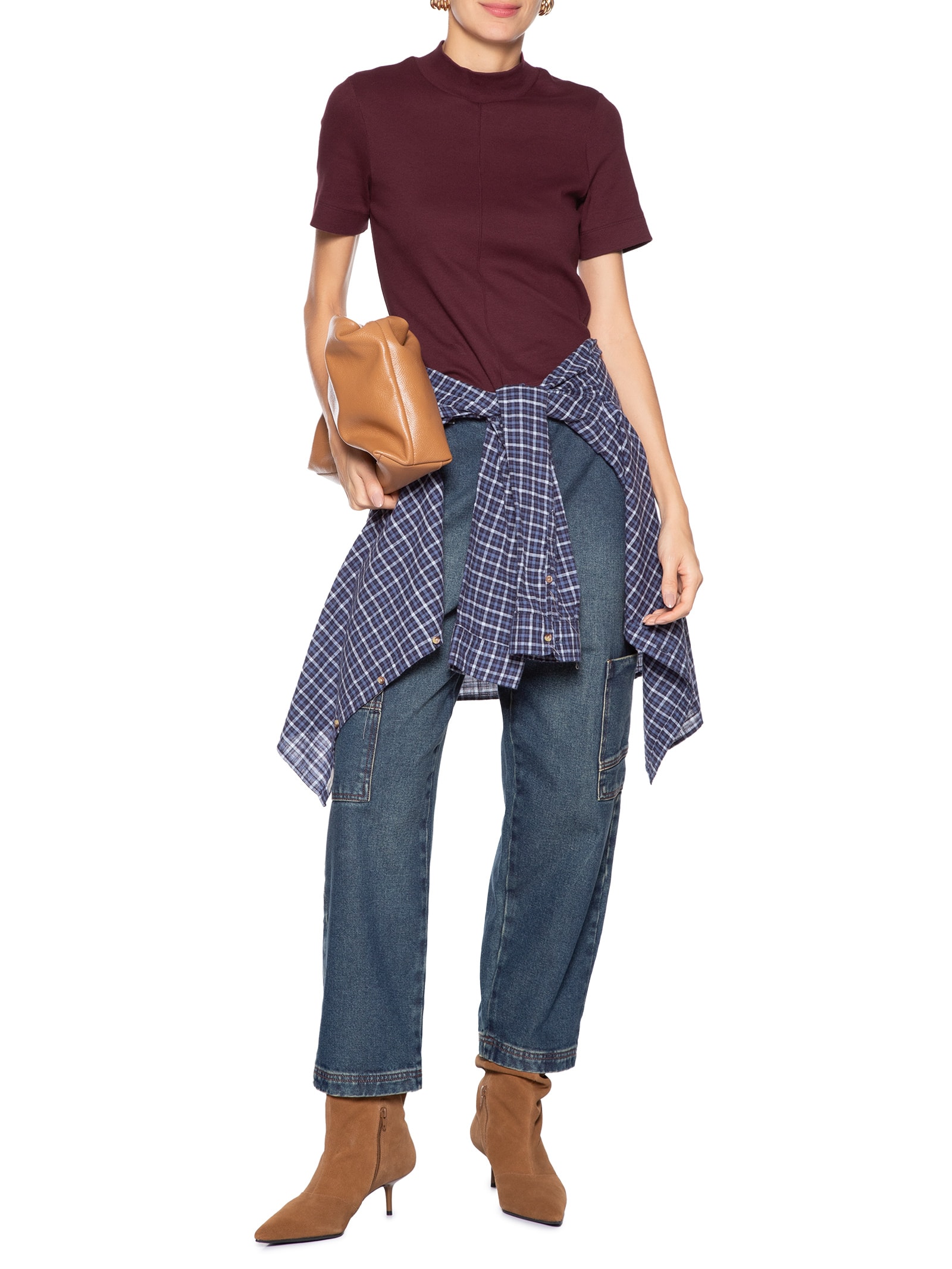 Blusa Feminina Manga Curta Gola Alta Ribana Vermelho Animale Jeans