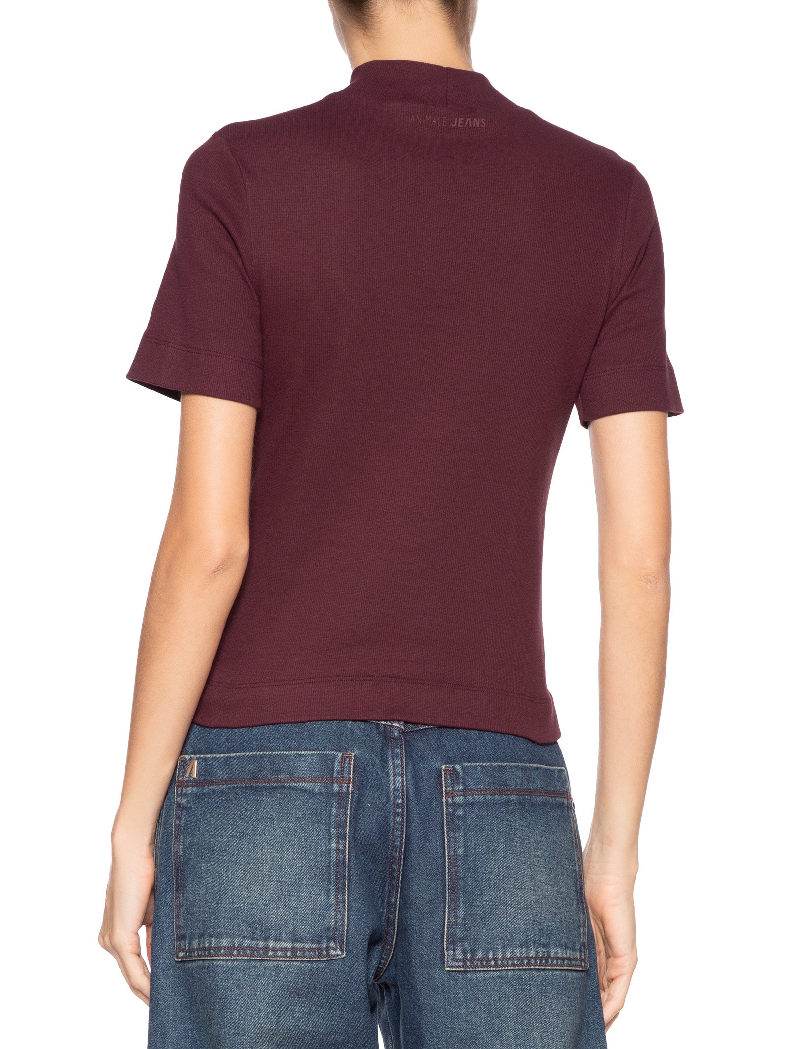 Blusa Feminina Manga Curta Gola Alta Ribana Vermelho Animale Jeans