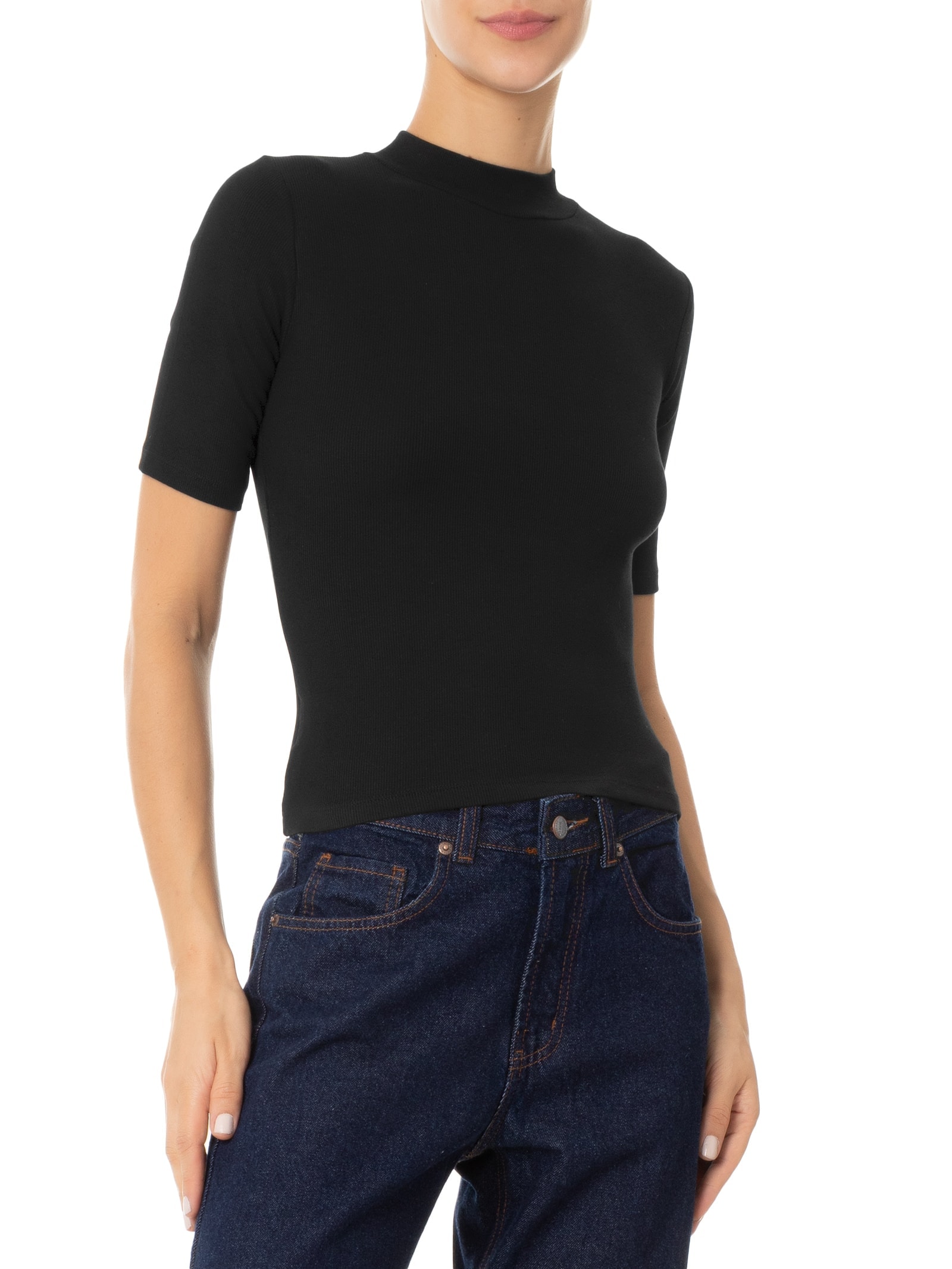 Blusa Feminina Manga Curta Justa ao Corpo Preto Basiq