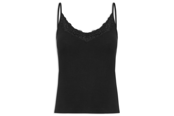 Blusa Feminina Manga Curta Lace Trim Longline Cami - Preto