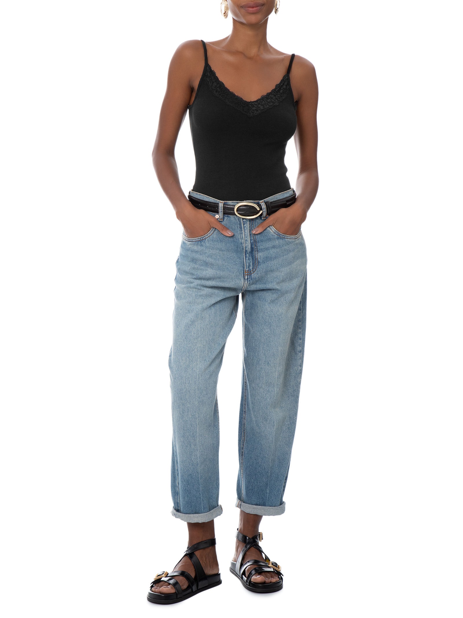 Blusa Feminina Manga Curta Lace Trim Longline Cami Preto Cotton On