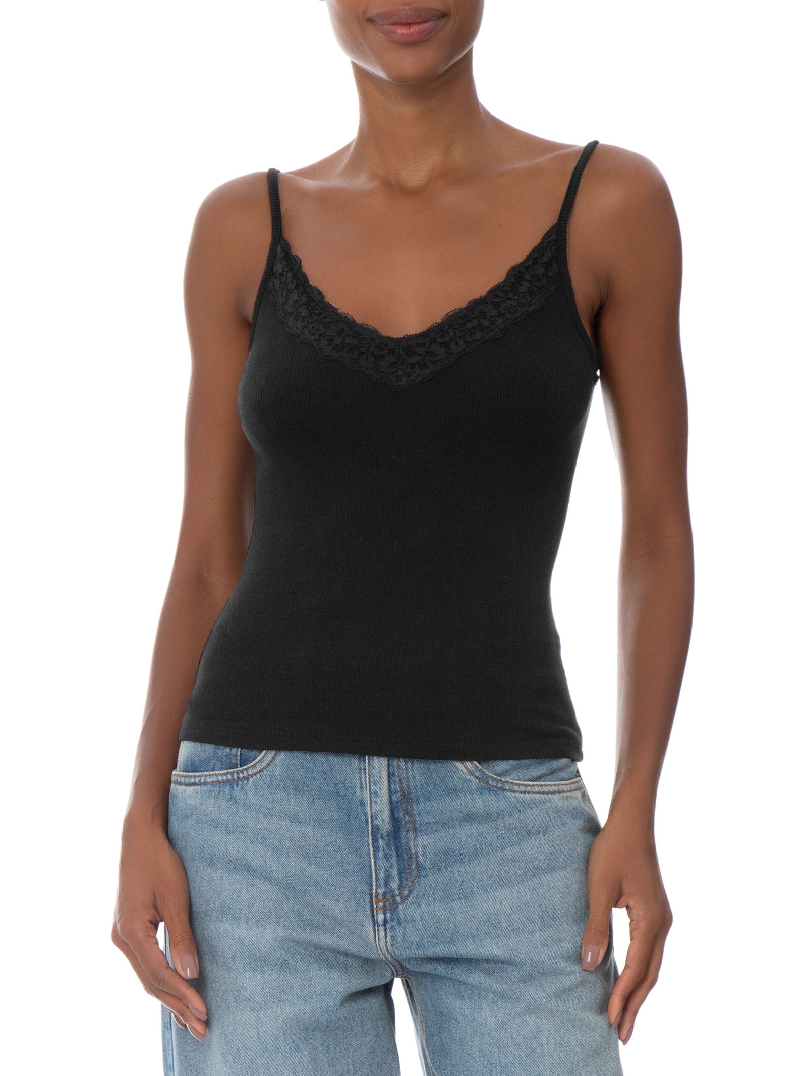 Blusa Feminina Manga Curta Lace Trim Longline Cami Preto Cotton On