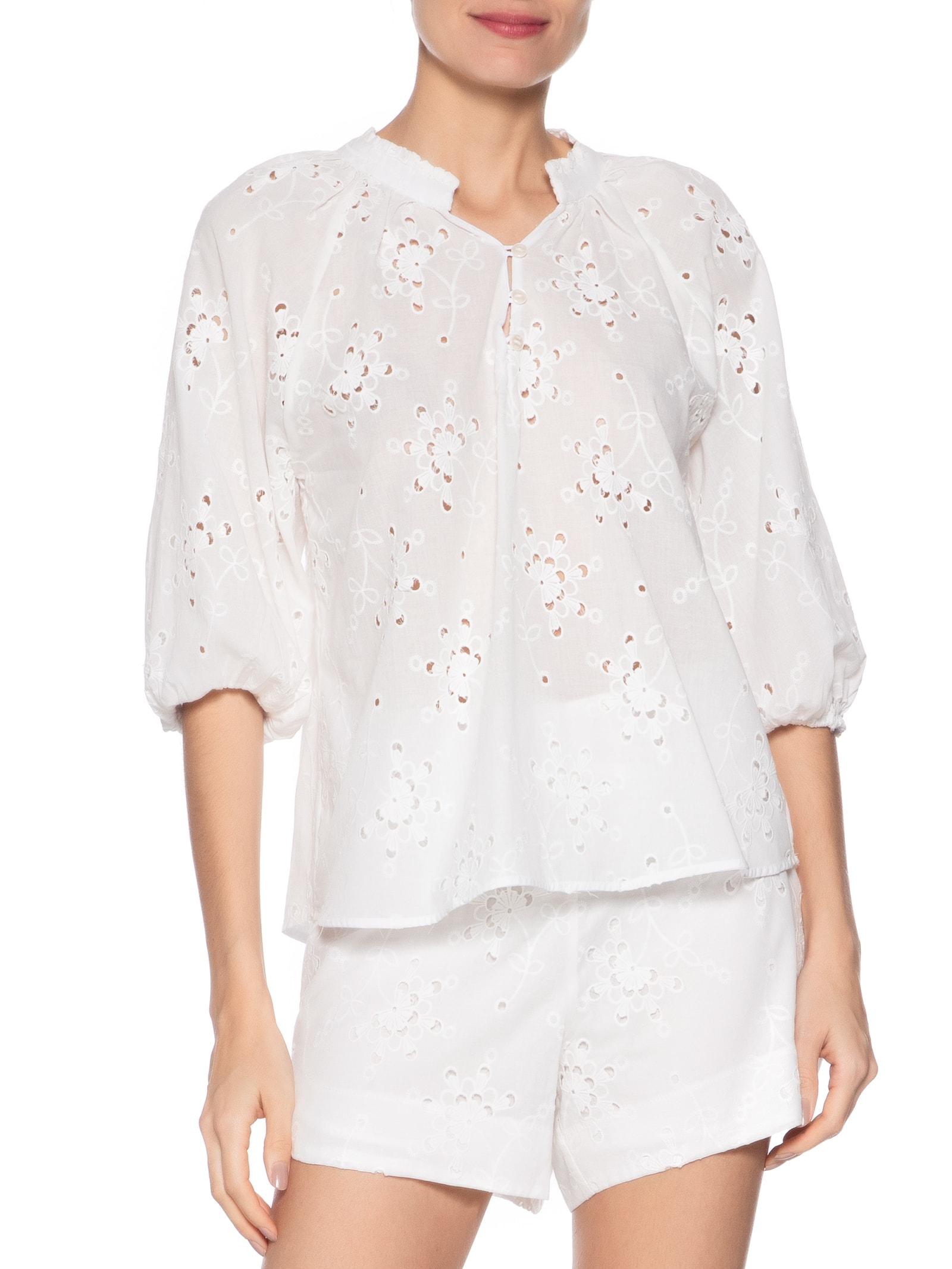 Blusa Feminina Manga Curta Laise Branco Maria Filó