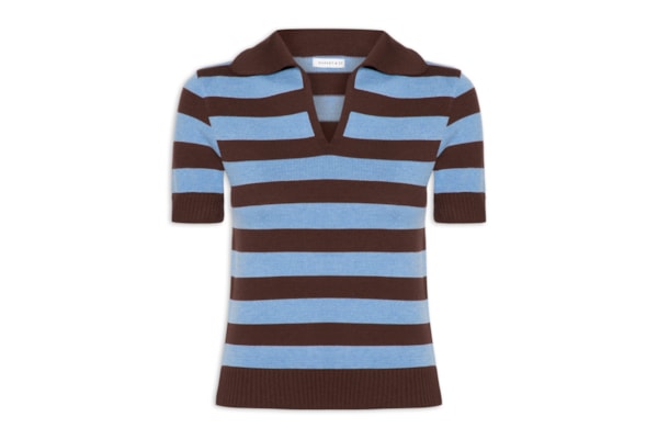 Blusa Feminina Manga Curta Listrada Em Tricot - Azul