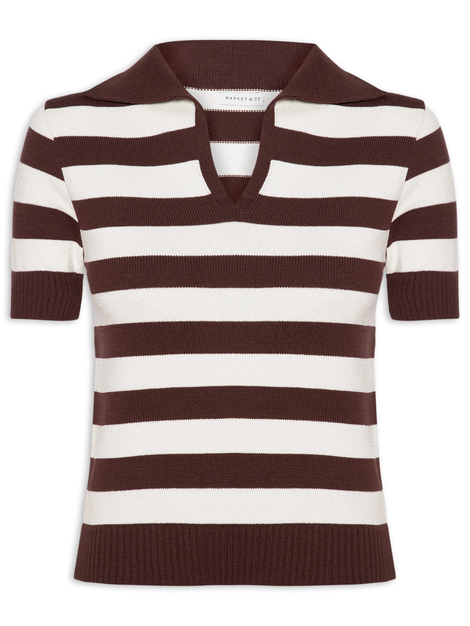 Blusa Feminina Manga Curta Listrada Em Tricot Marrom Market 33