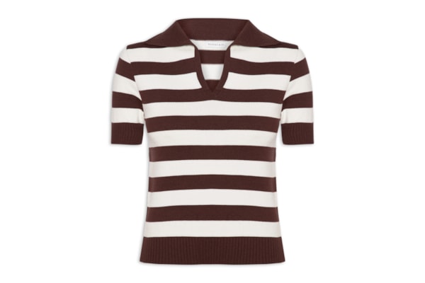 Blusa Feminina Manga Curta Listrada Em Tricot - Marrom