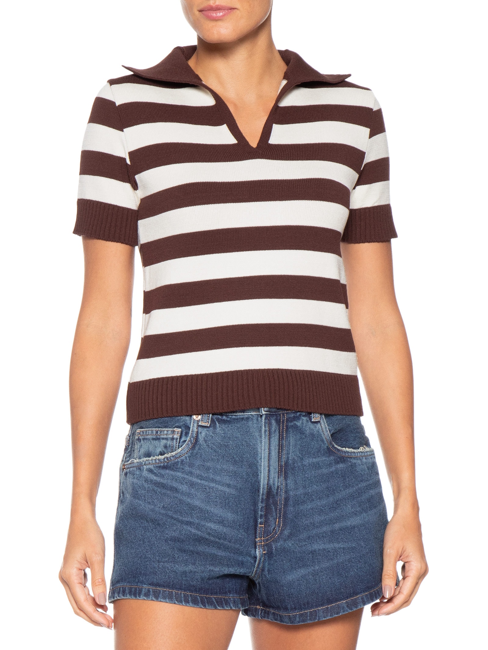 Blusa Feminina Manga Curta Listrada Em Tricot Marrom Market 33