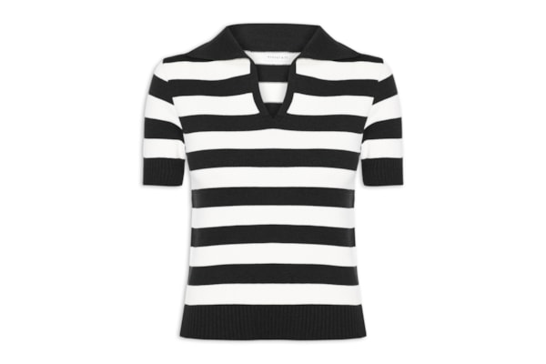 Blusa Feminina Manga Curta Listrada Em Tricot - Preto