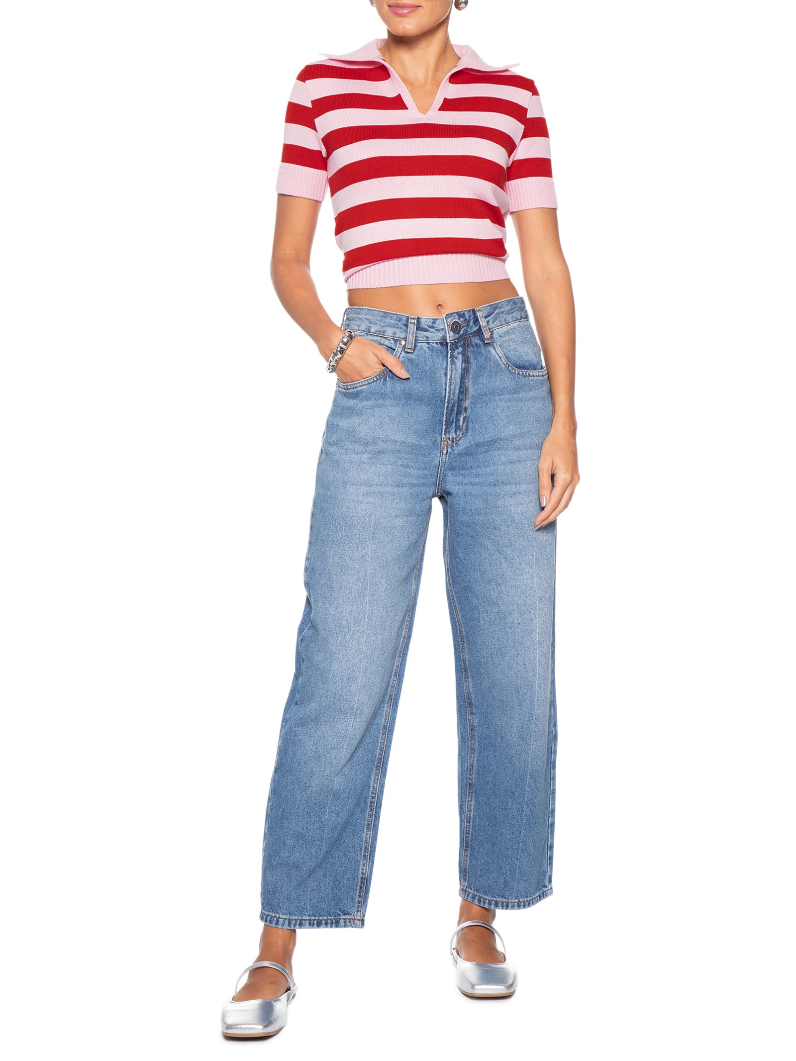 Blusa Feminina Manga Curta Listrada Em Tricot Rosa Market 33