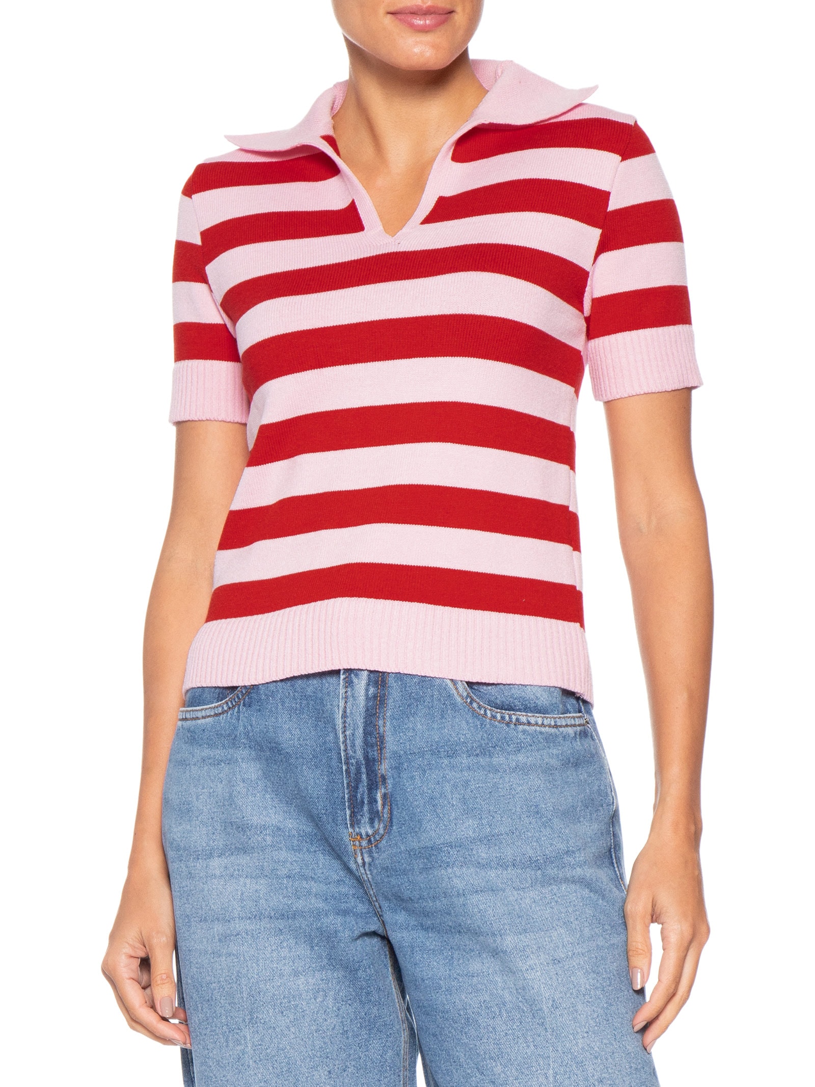 Blusa Feminina Manga Curta Listrada Em Tricot Rosa Market 33