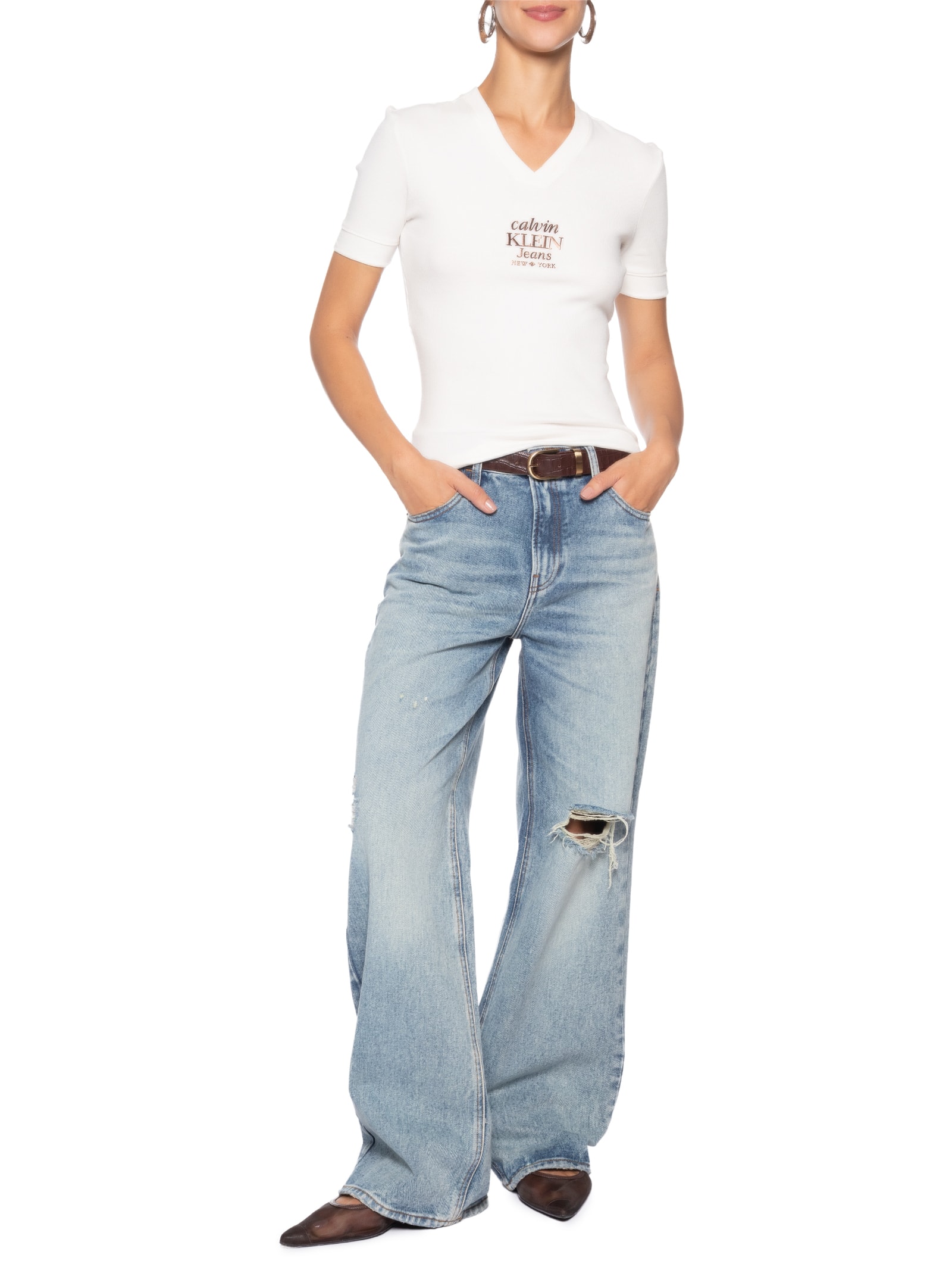 Blusa Feminina Manga Curta Logo NY Foil Off White Calvin Klein Jeans