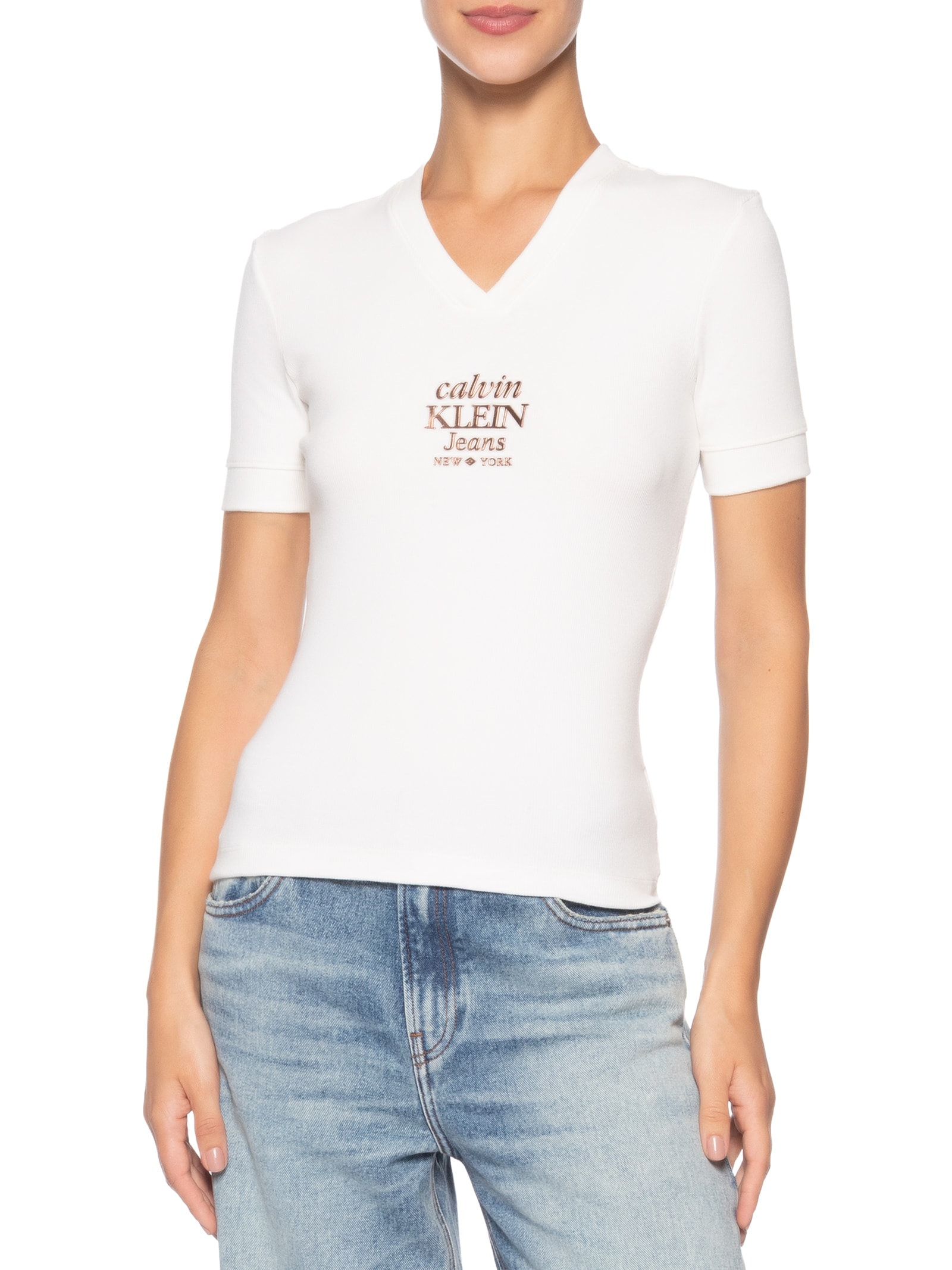 Blusa Feminina Manga Curta Logo NY Foil Off White Calvin Klein Jeans