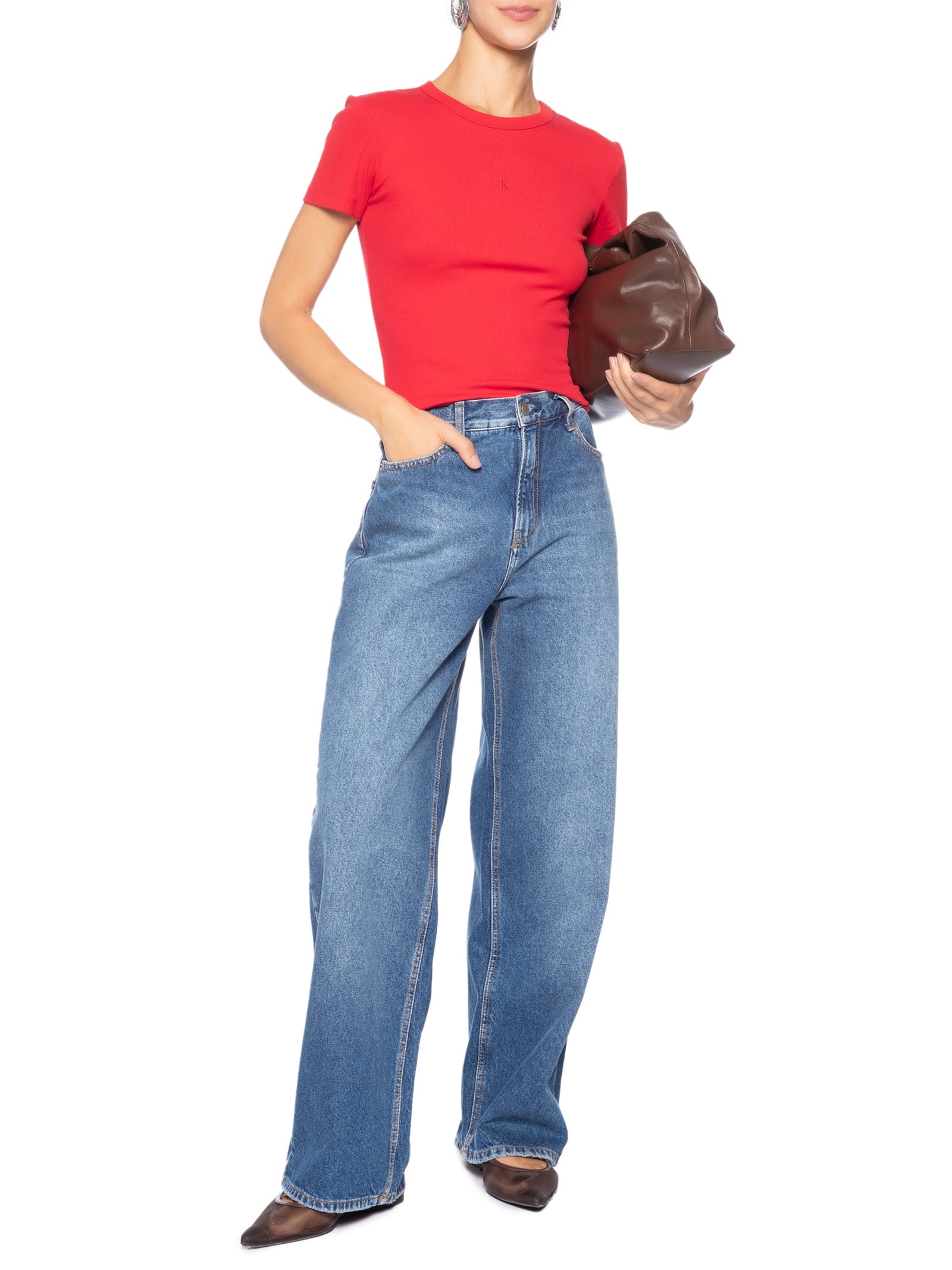 Blusa Feminina Manga Curta Ribana Decote Careca Vermelho Calvin Klein Jeans
