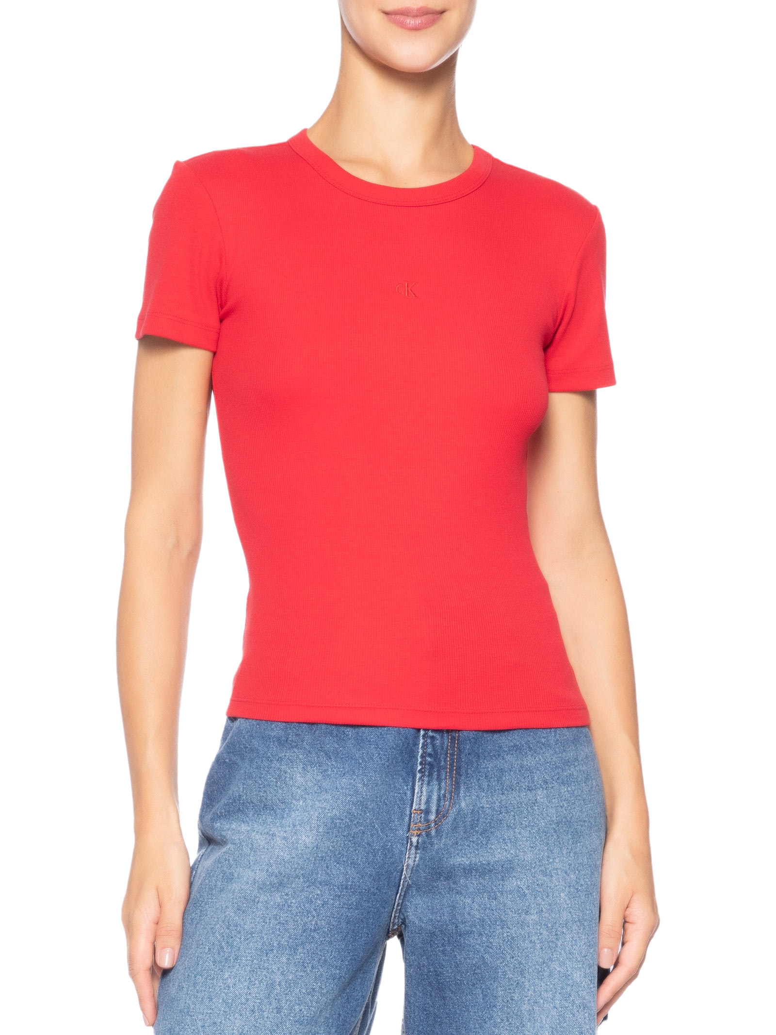 Blusa Feminina Manga Curta Ribana Decote Careca Vermelho Calvin Klein Jeans