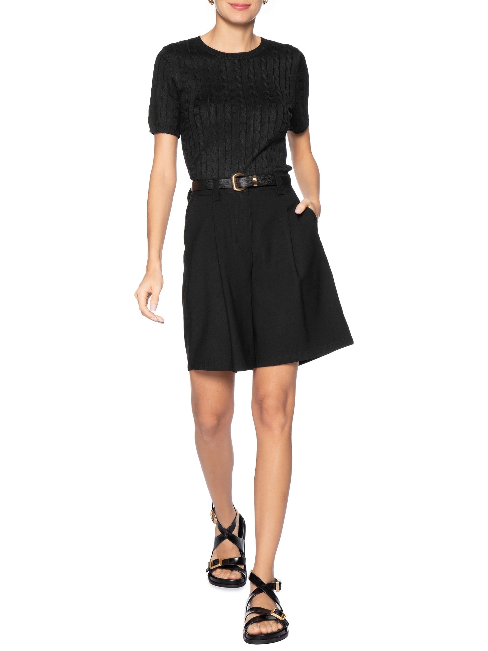 Blusa Feminina Manga Curta Texturizada Preto Basiq