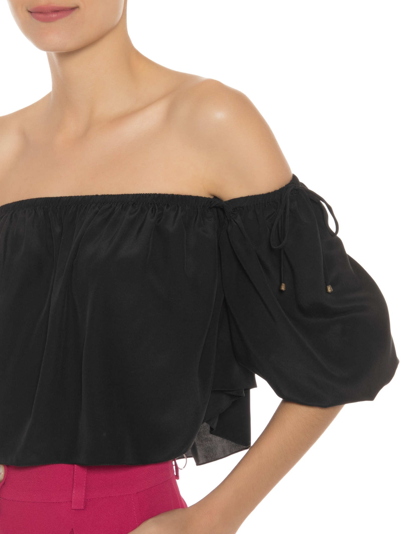 Blusa Feminina Manga Fofa Em Seda Pura Preto '2Essential