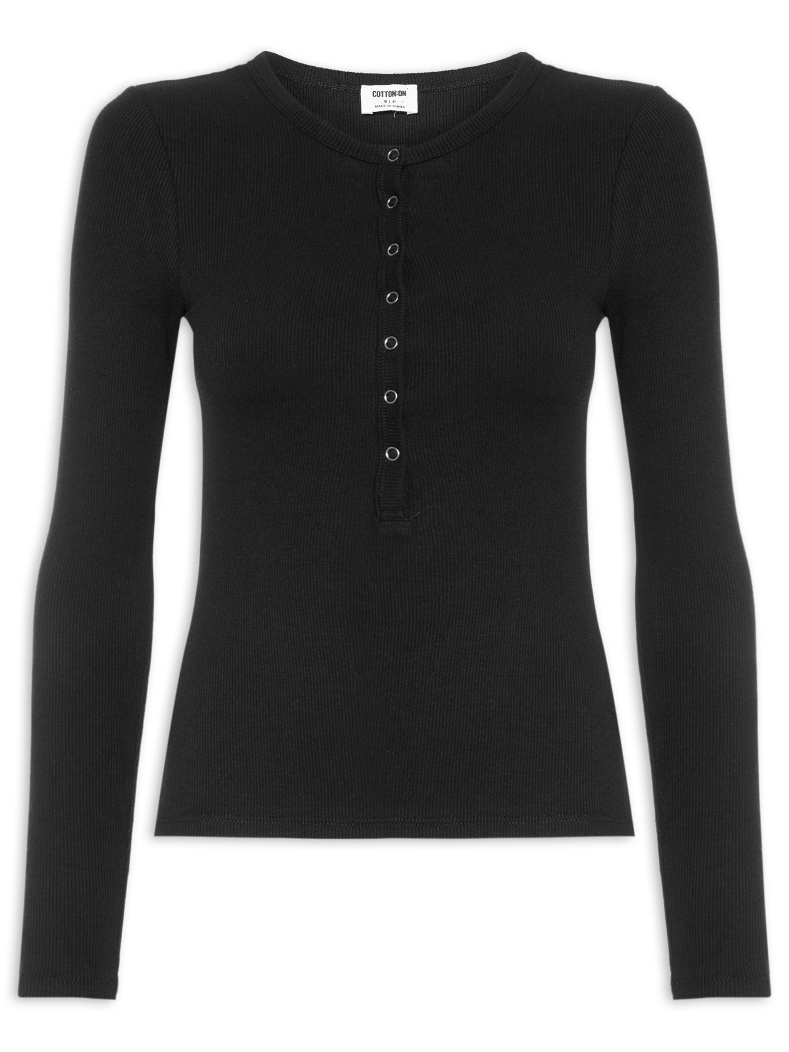 Blusa Feminina Manga Longa Blake Henley Long Sleeve Preto Cotton On