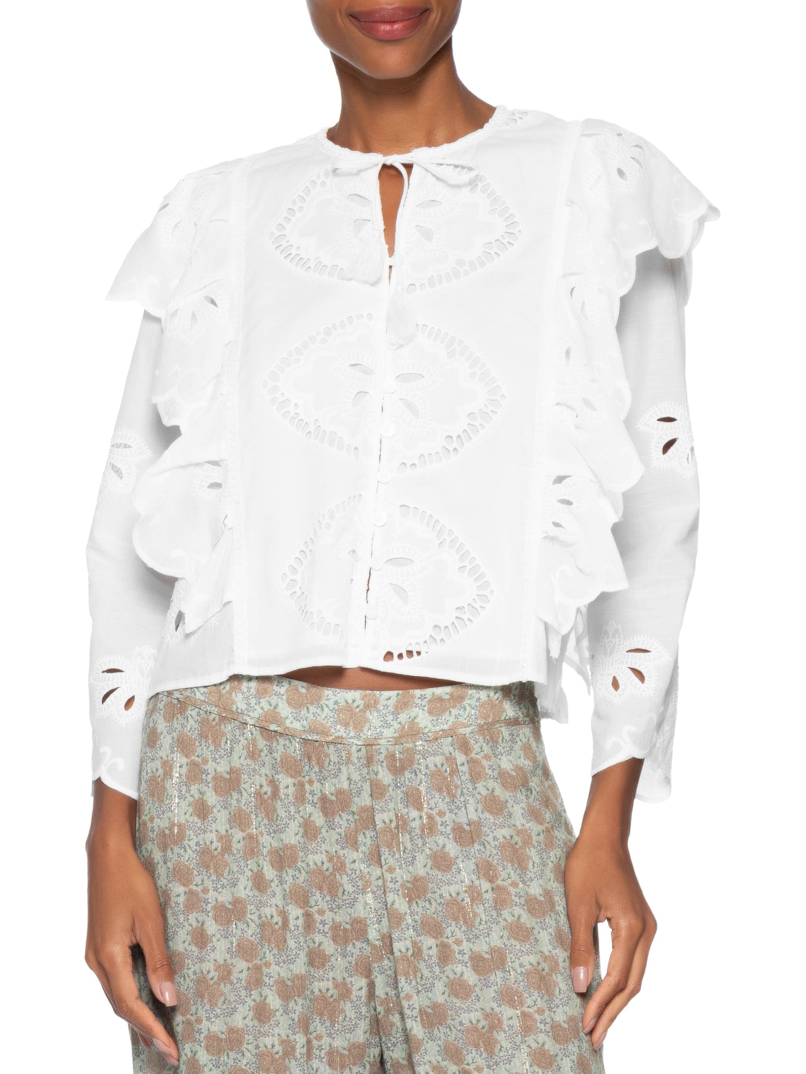 Blusa Feminina Manga Longa Bordado Lotus Branco Maria Filó