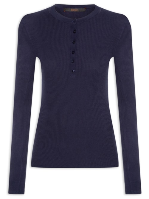 Blusa Feminina Manga Longa Caneado Botão – Azul