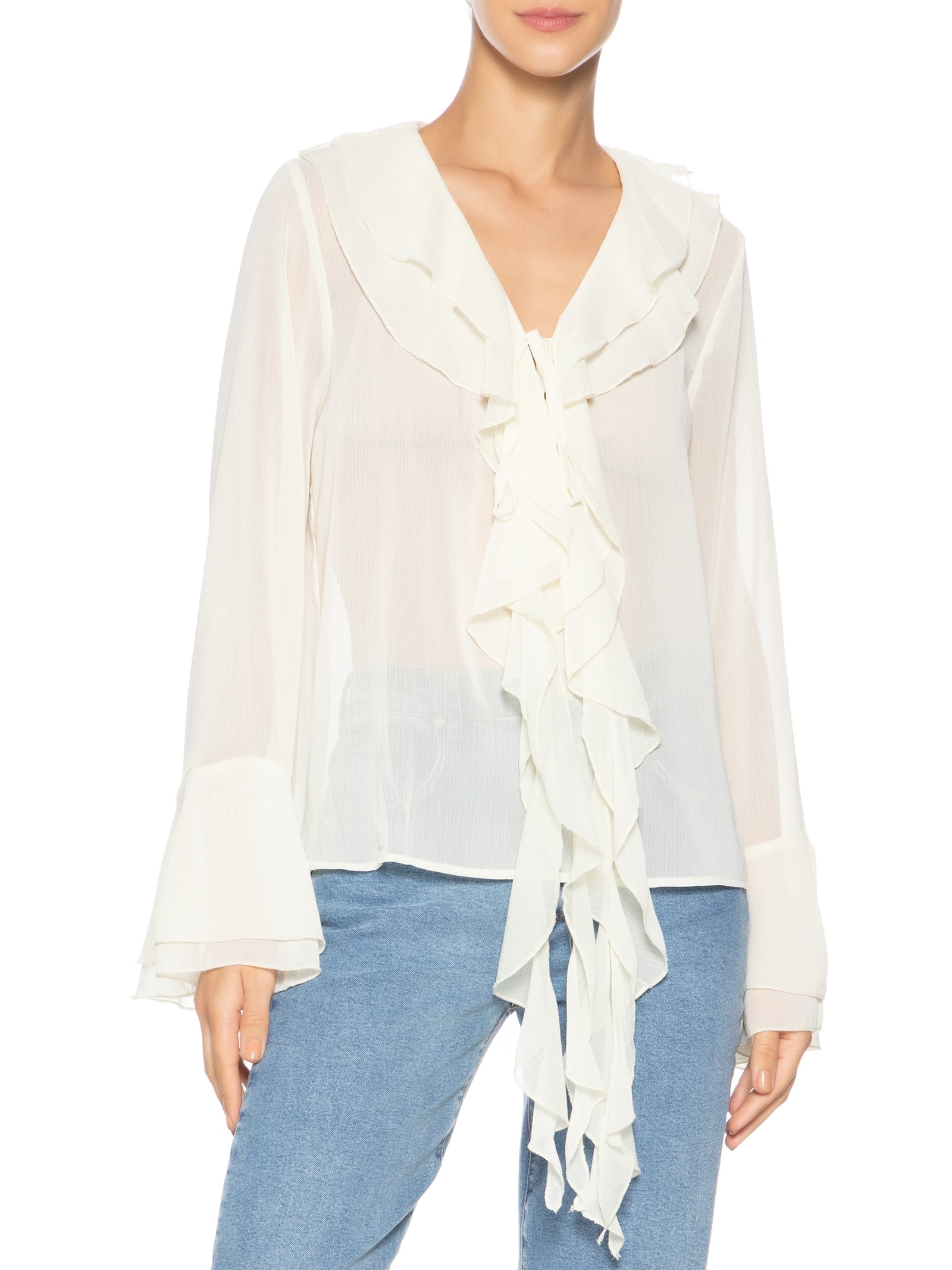 Blusa Feminina Manga Longa Com Babados Amarelo Market 33