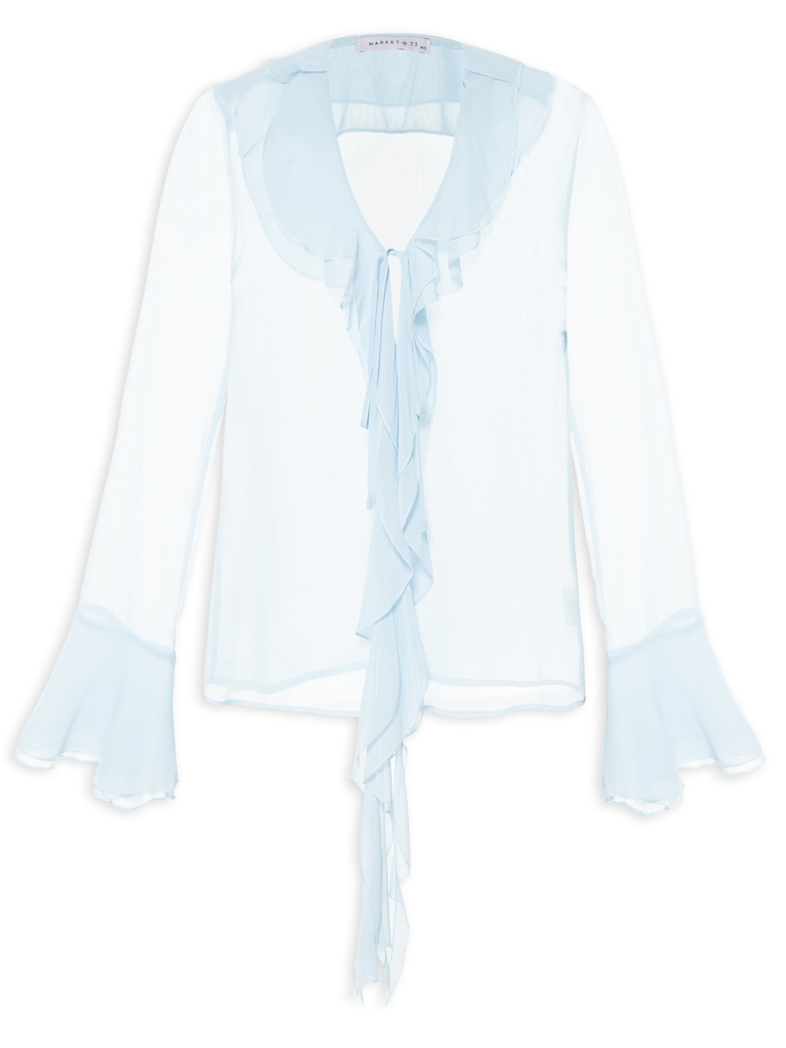 Blusa Feminina Manga Longa Com Babados Azul Market 33