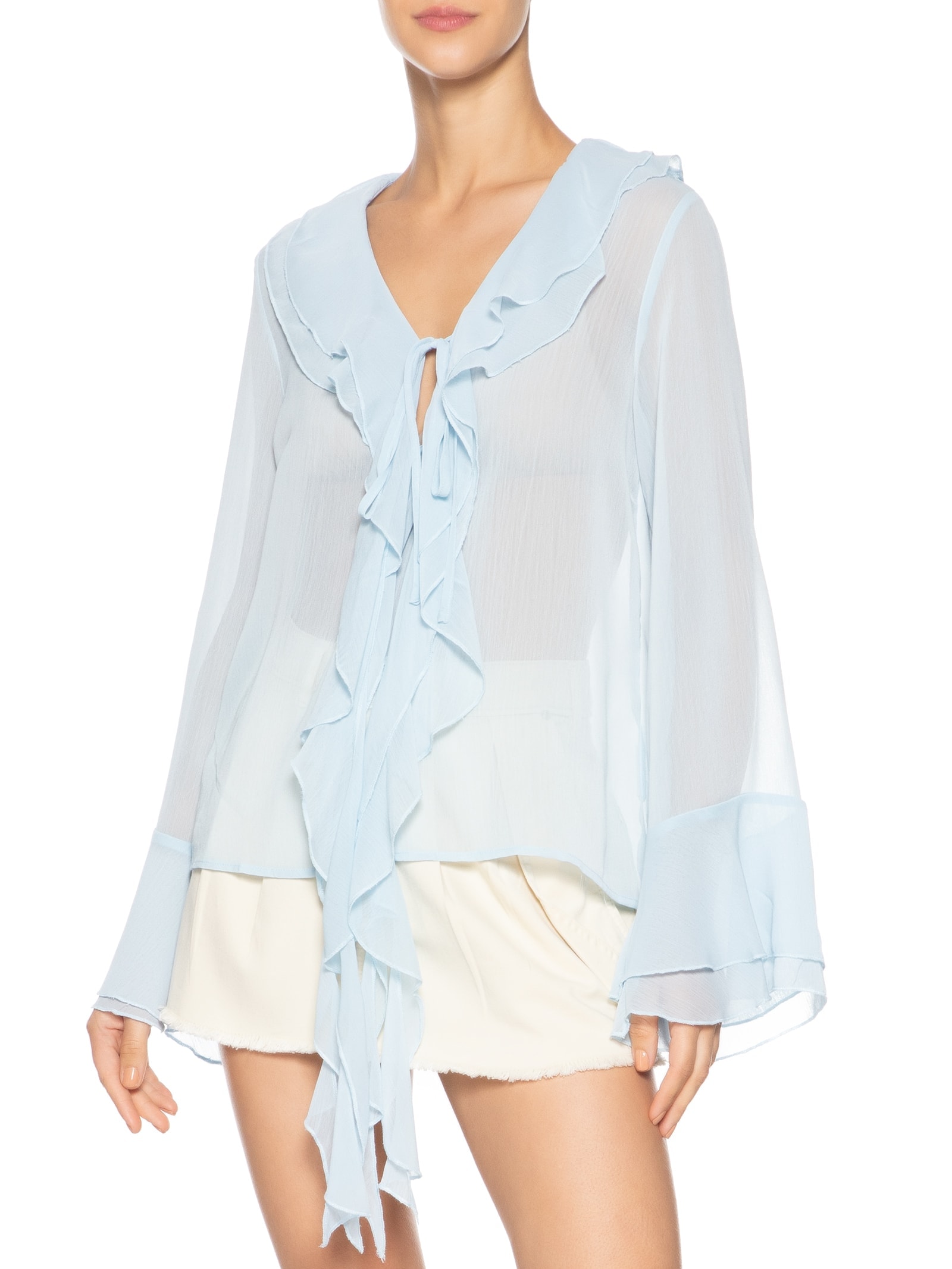 Blusa Feminina Manga Longa Com Babados Azul Market 33