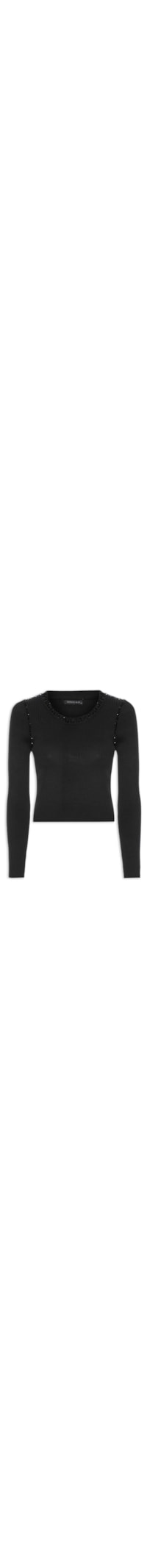 Blusa Feminina Manga Longa Com Bordados Na Gola e Cavas - Preto