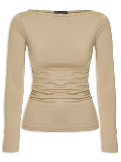 Blusa Feminina Manga Longa Com Drapeado – Bege