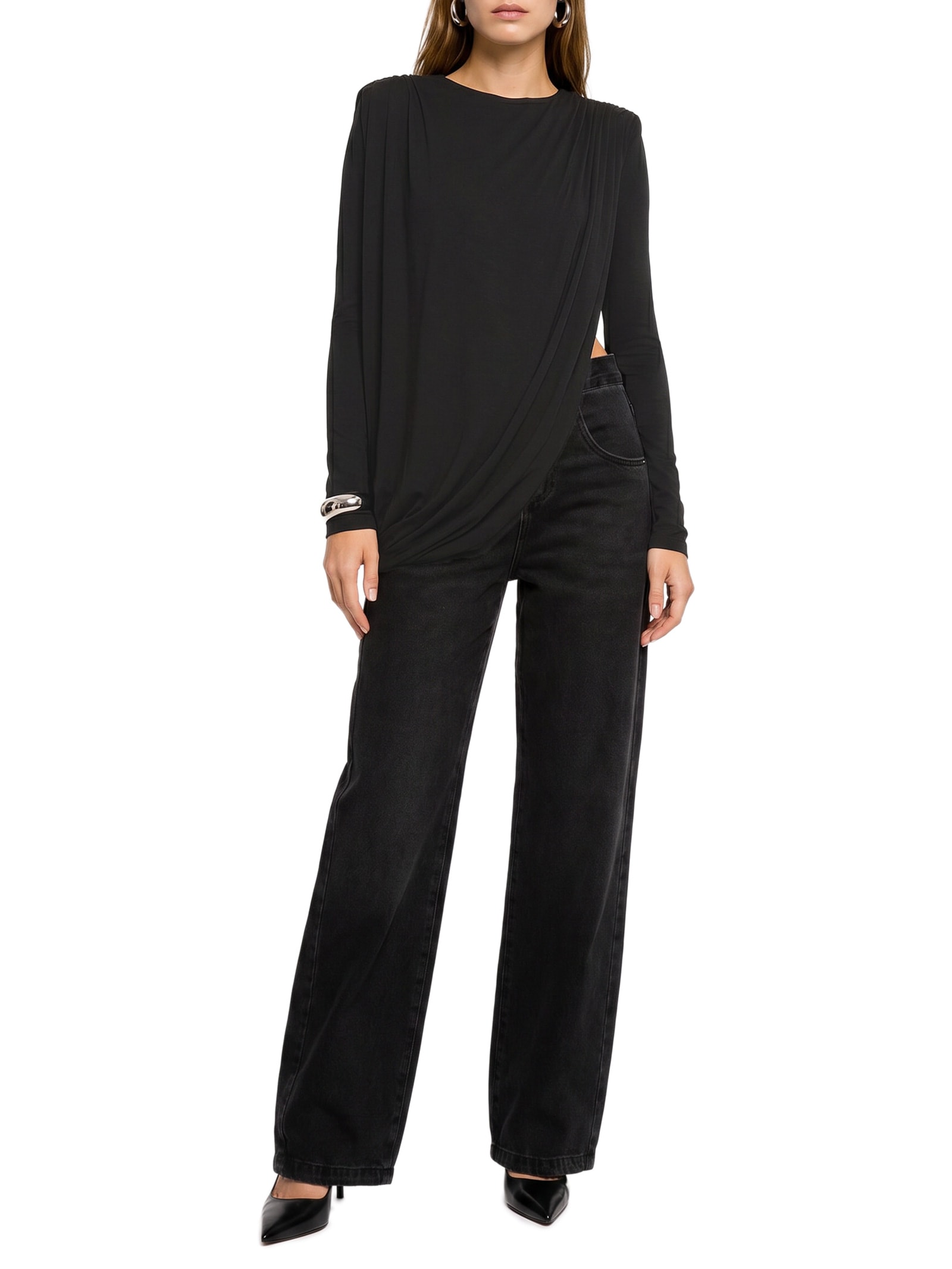 Blusa Feminina Manga Longa Com Franzidos Preto Lança Perfume