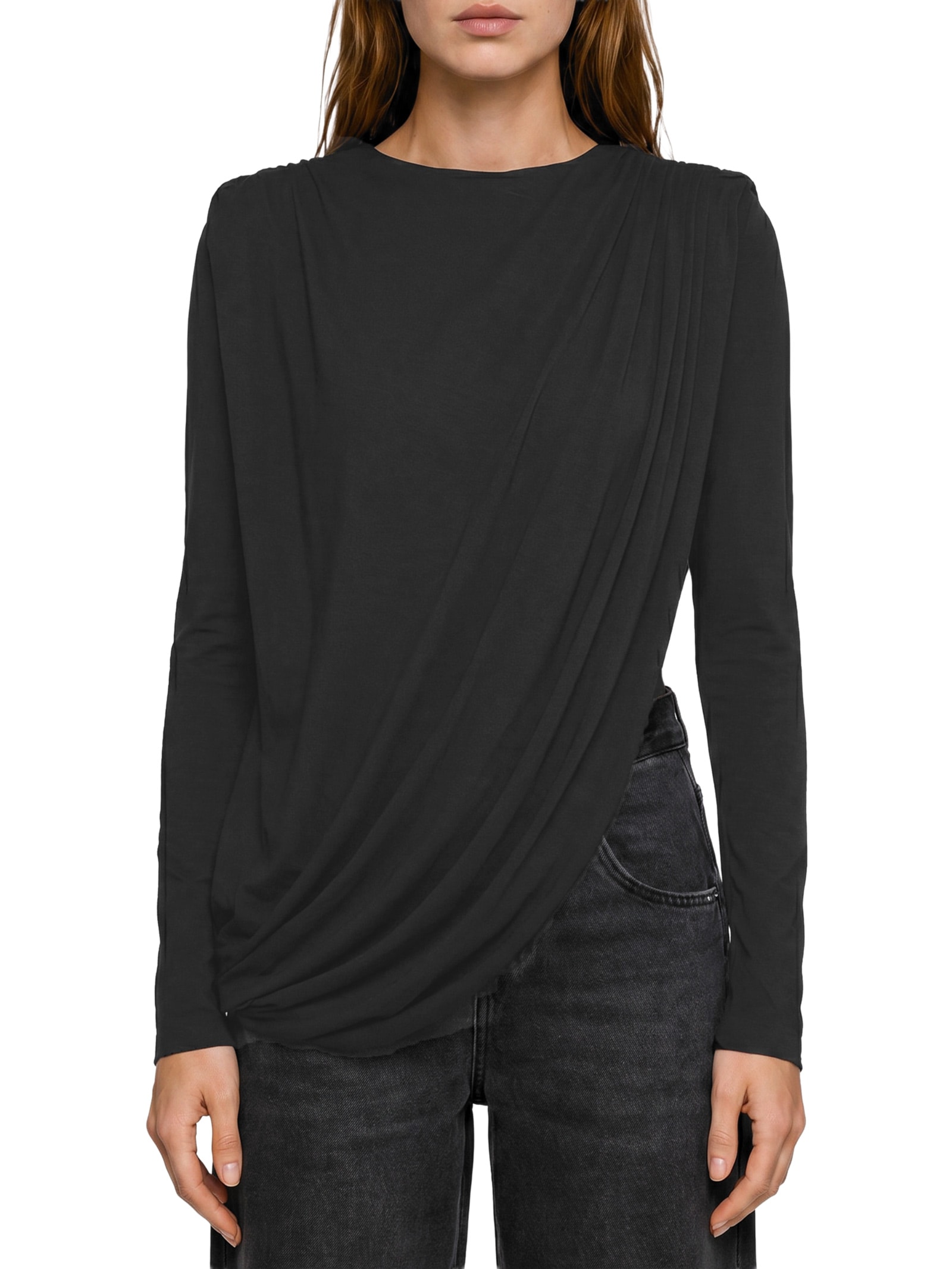 Blusa Feminina Manga Longa Com Franzidos Preto Lança Perfume