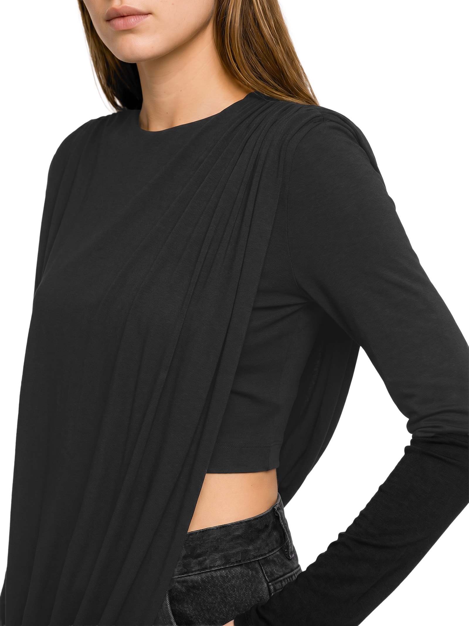 Blusa Feminina Manga Longa Com Franzidos Preto Lança Perfume
