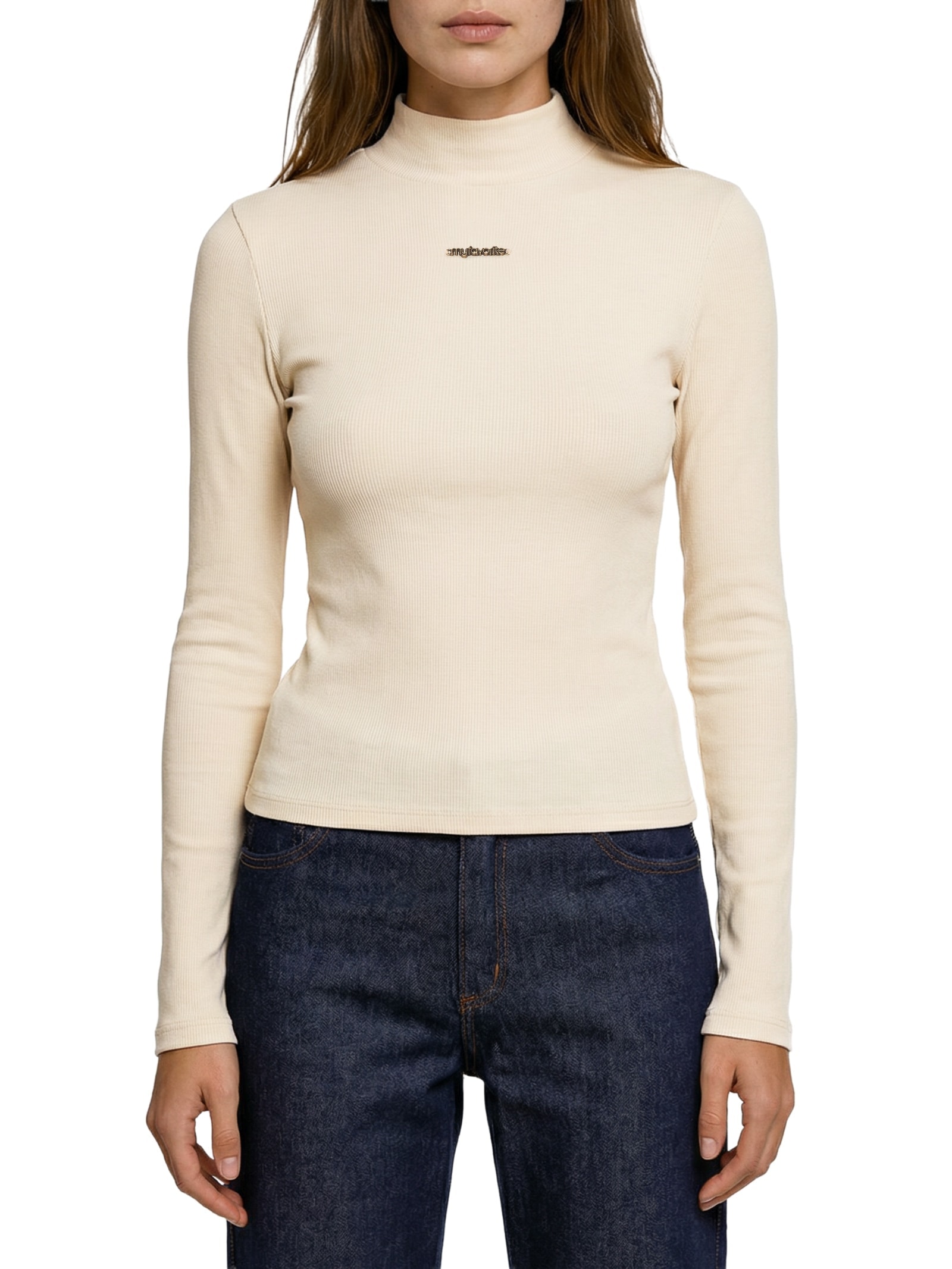 Blusa Feminina Manga Longa Com Gola Bege My Favorite