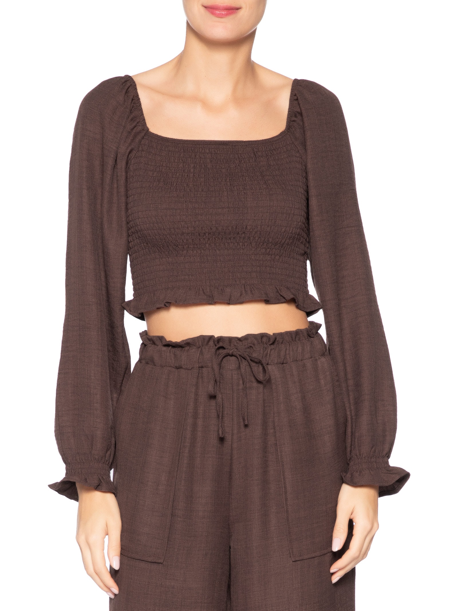 Blusa Feminina Manga Longa Com Lastex Marrom Market 33