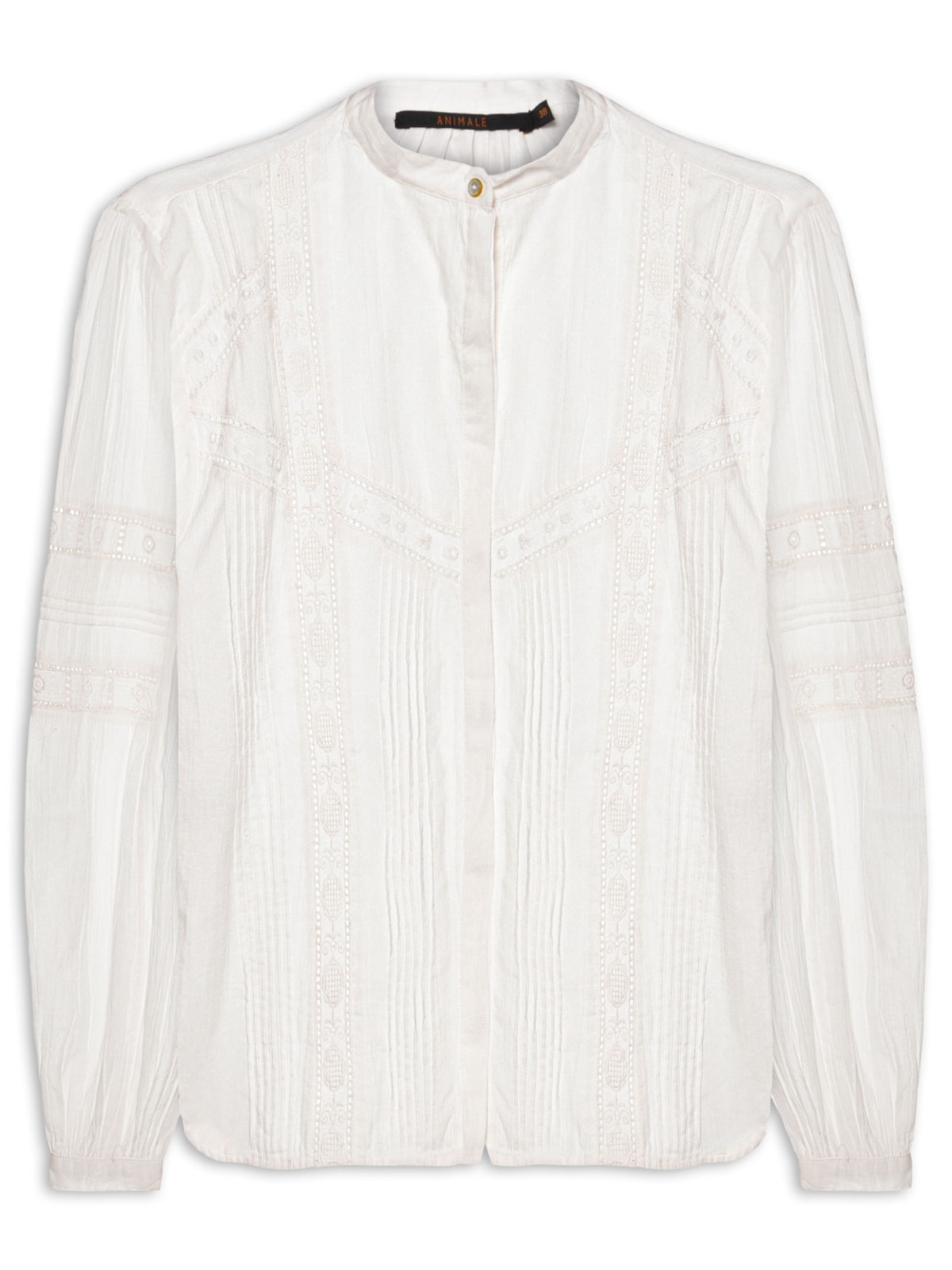 Vista 2 Blusa Feminina Manga Longa Com Pregas E Renda BRANCO BRANCO