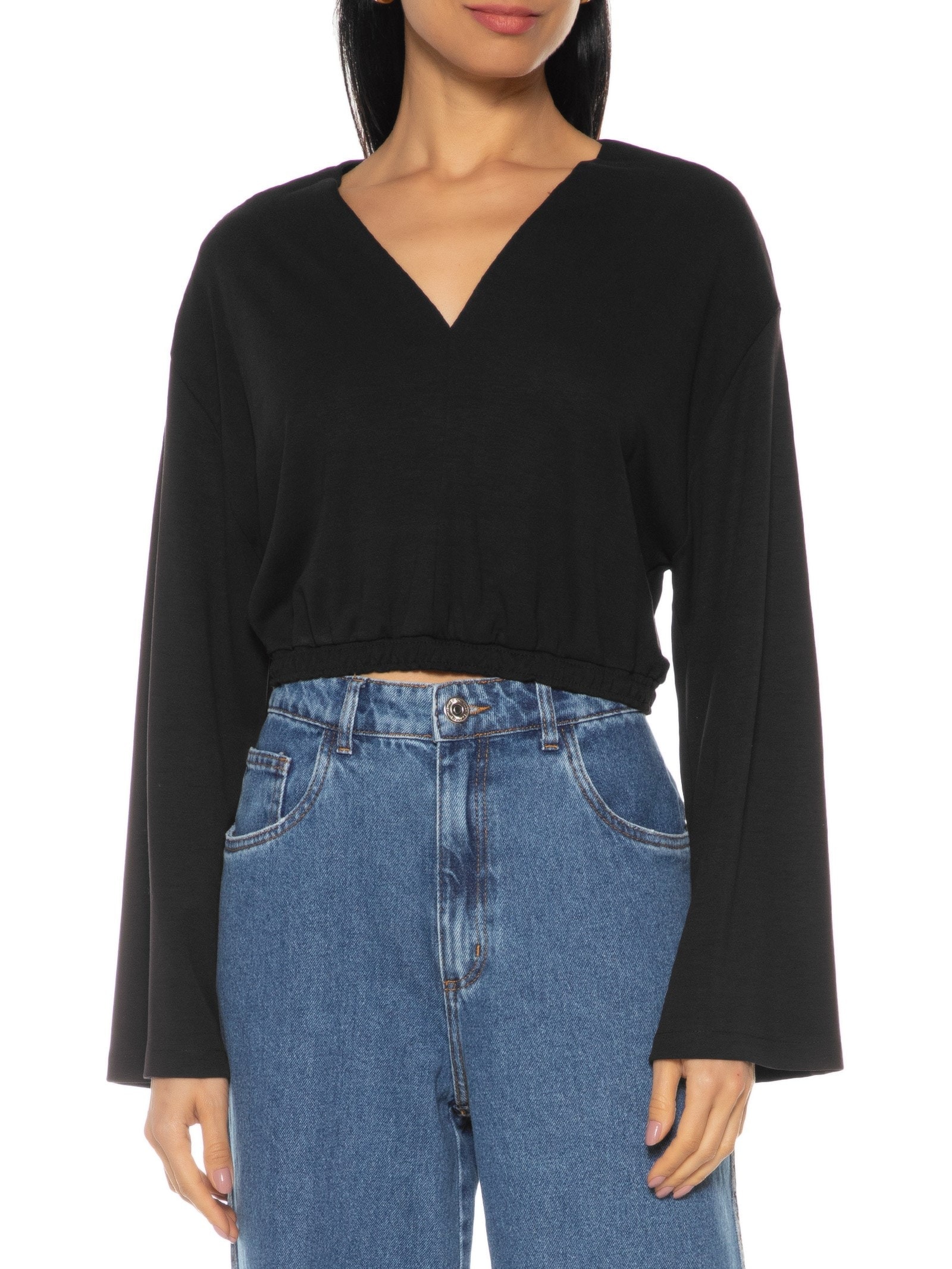 Blusa Feminina Manga Longa Cropped Preto Dzarm