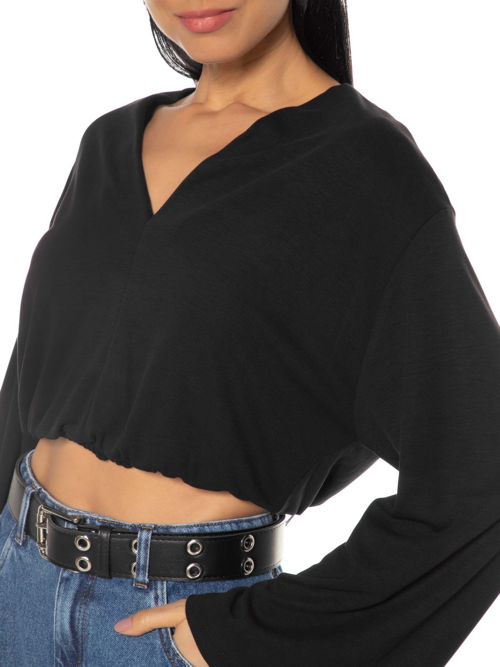Blusa Feminina Manga Longa Cropped Preto Dzarm
