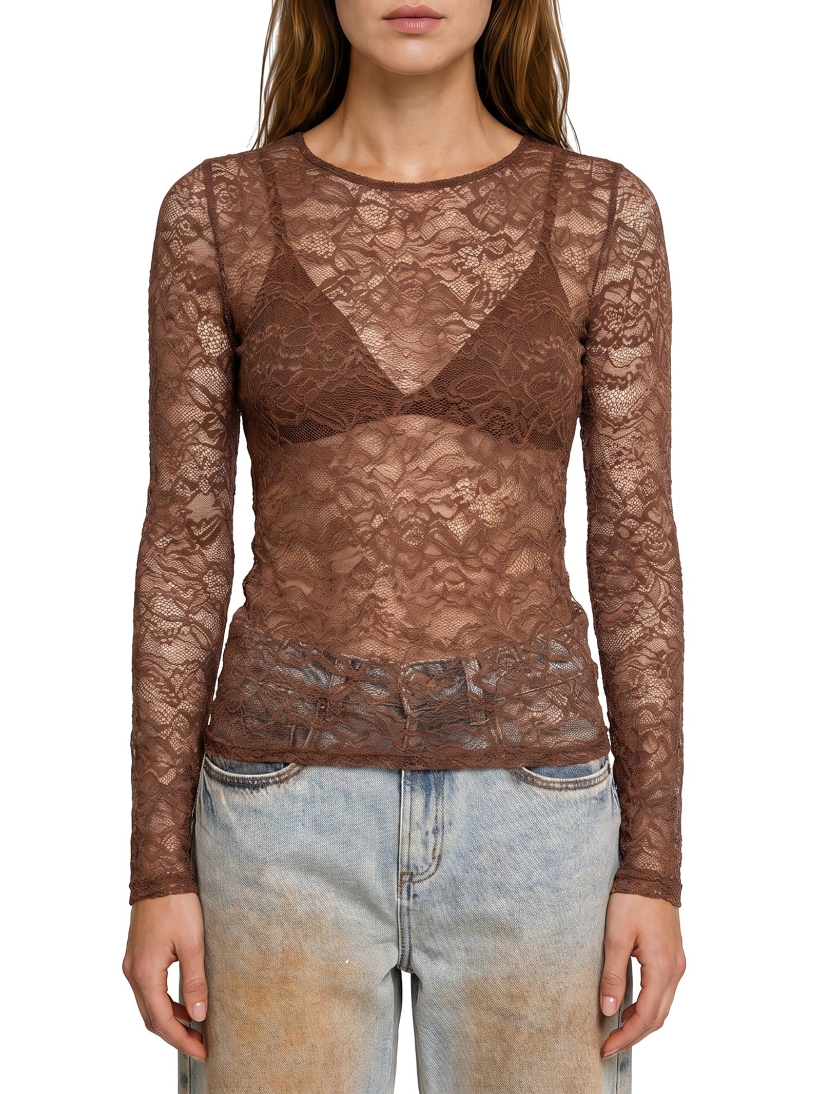 Blusa Feminina Manga Longa De Renda Marrom Lança Perfume