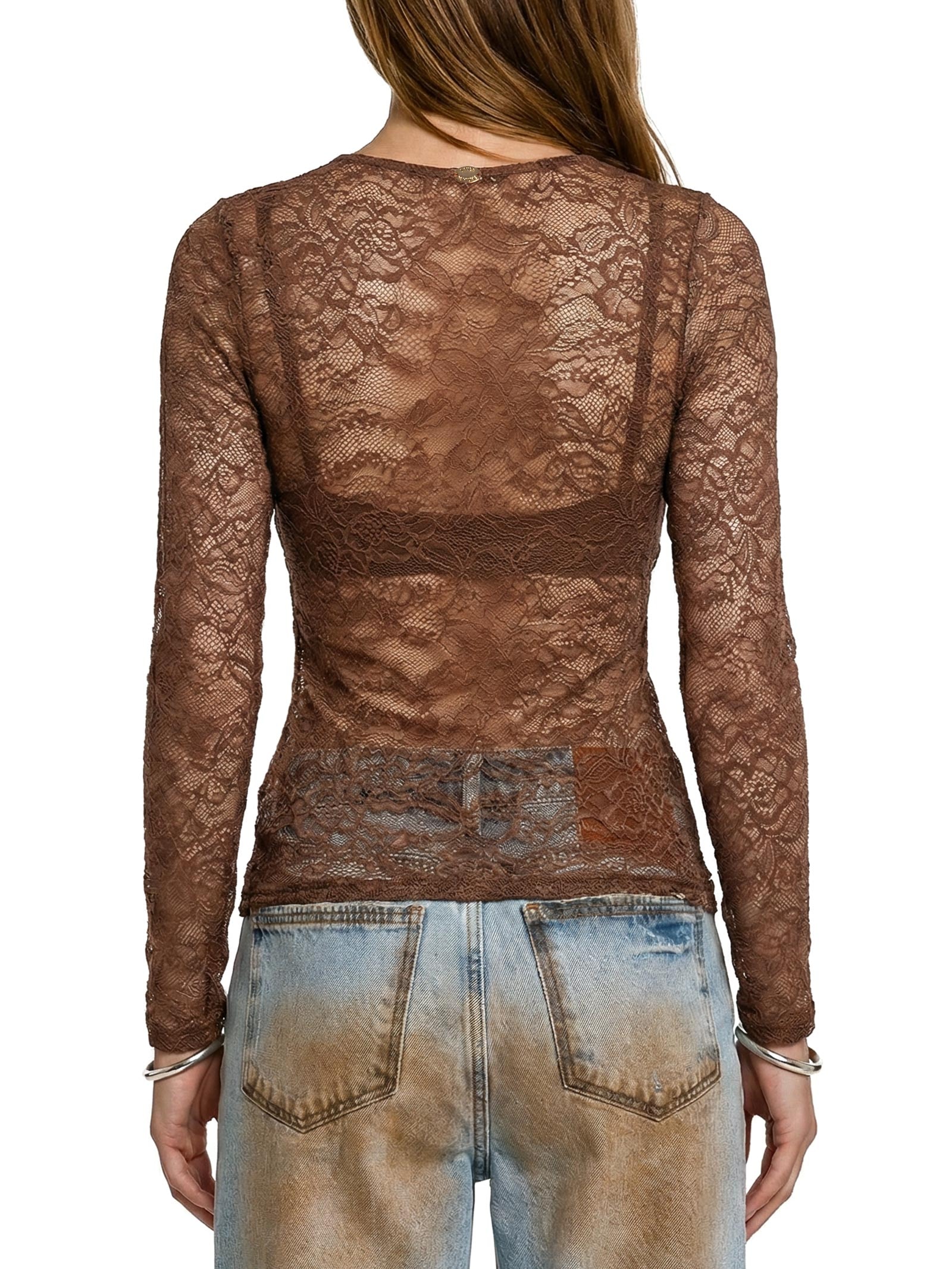 Blusa Feminina Manga Longa De Renda Marrom Lança Perfume