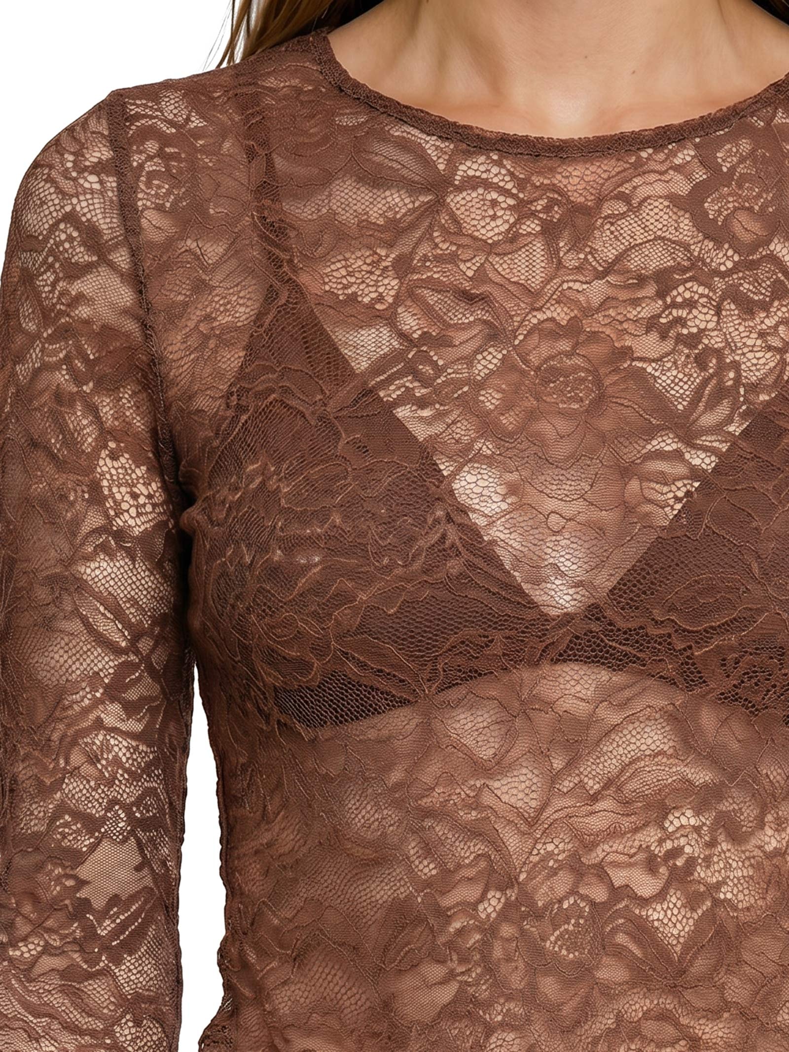 Blusa Feminina Manga Longa De Renda Marrom Lança Perfume