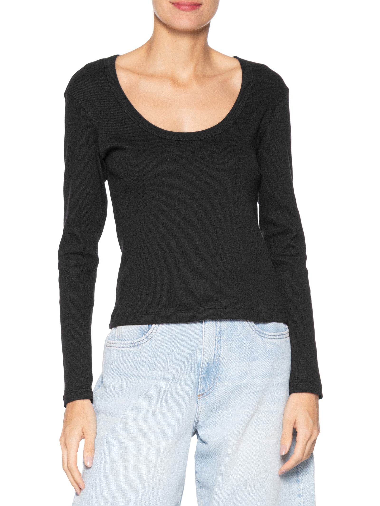 Blusa Feminina Manga Longa Decote Redondo Básica Preto Animale Jeans